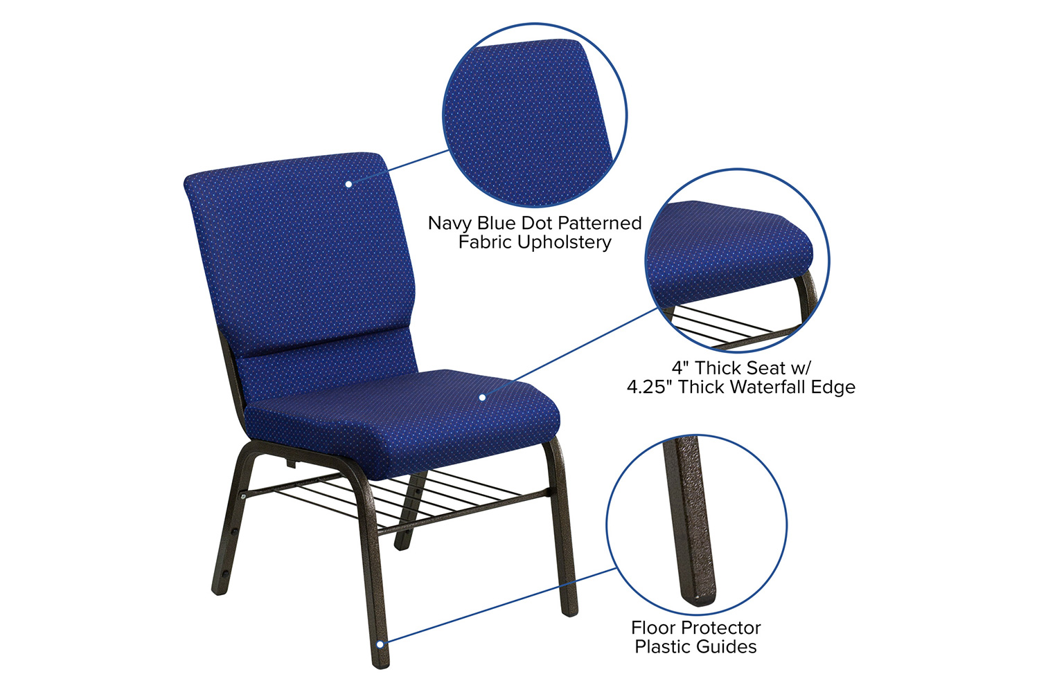 BLNK HERCULES Series Fabric Church Chair with Book Rack and Gold Vein Frame - Navy Blue Patterned