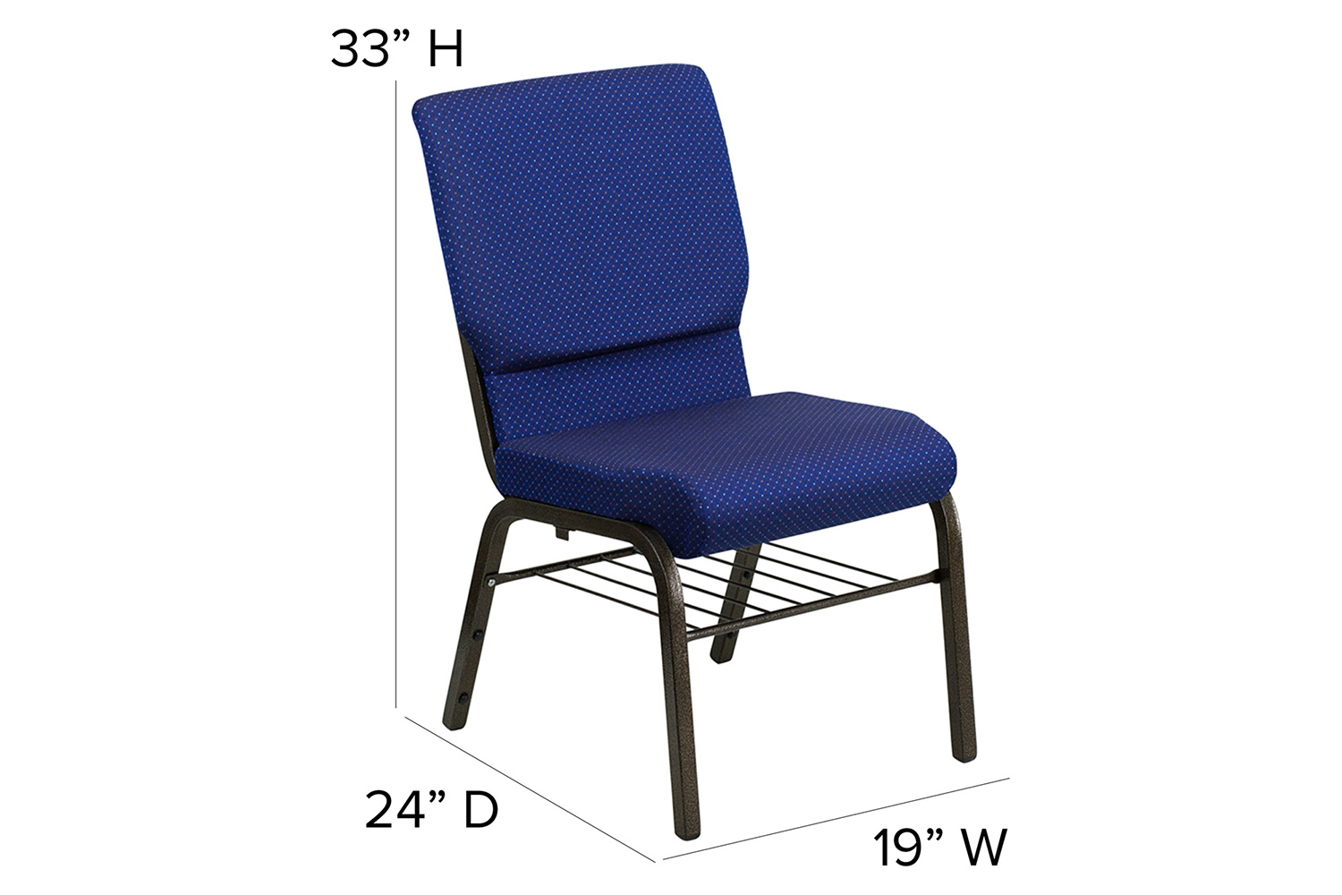 BLNK HERCULES Series Fabric Church Chair with Book Rack and Gold Vein Frame - Navy Blue Patterned
