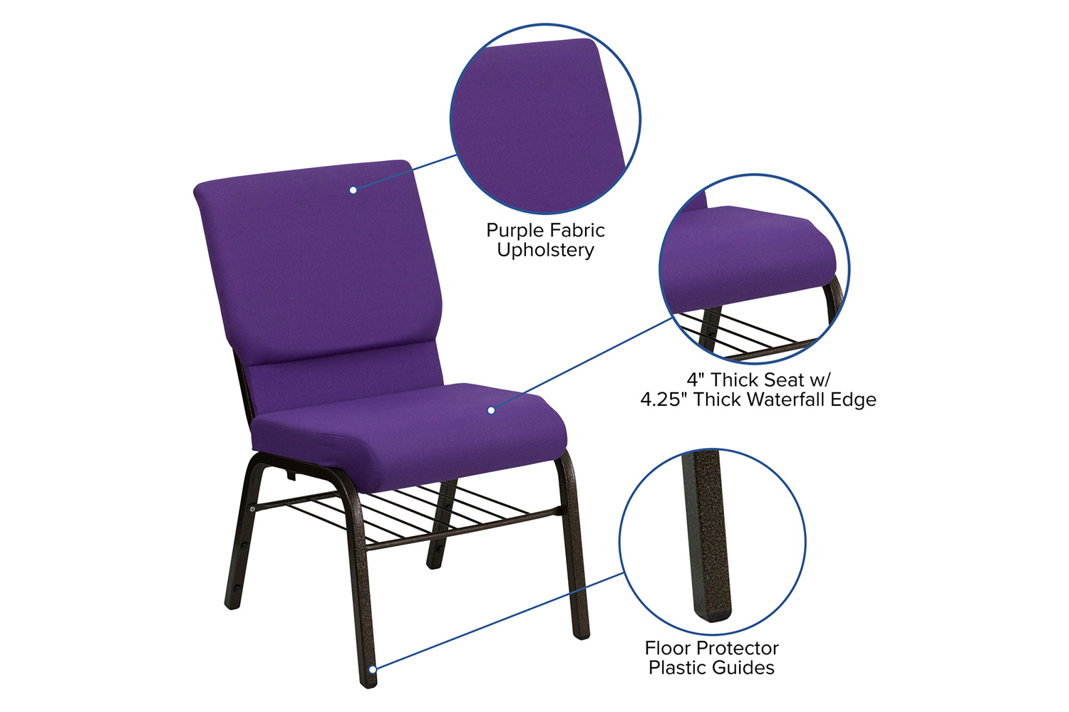 BLNK HERCULES Series Fabric Church Chair with Book Rack and Gold Vein Frame - Purple