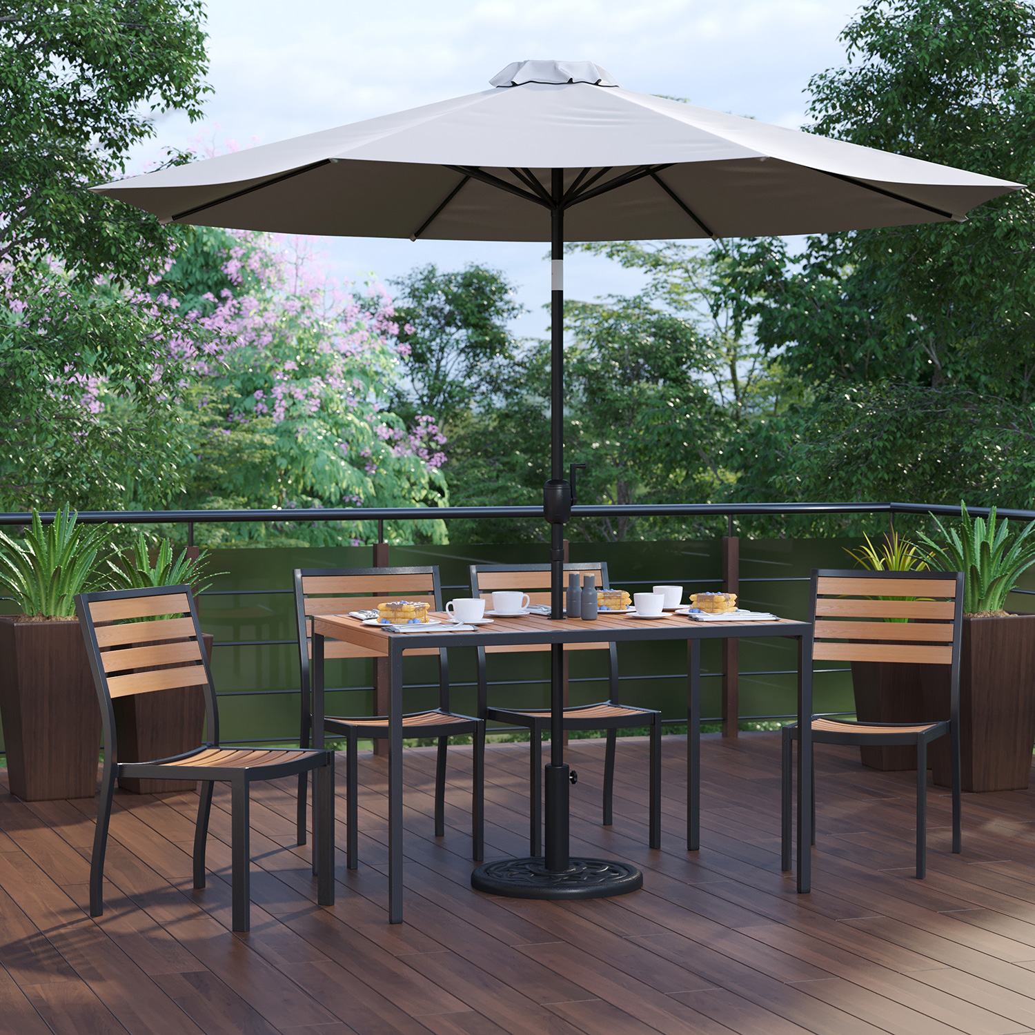 BLNK - All-Weather Deck or Patio Set with 4 Stacking Faux Teak Chairs, 30" x 48" Faux Teak Table, Umbrella and Base