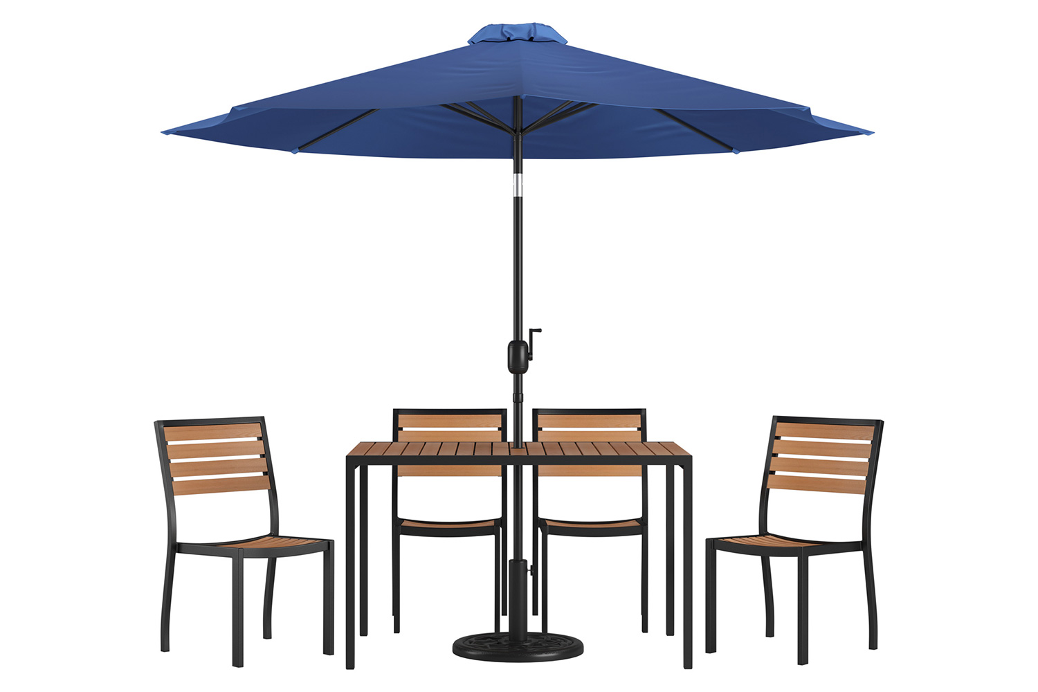 BLNK - All-Weather Deck or Patio Set with 4 Stacking Faux Teak Chairs, 30" x 48" Faux Teak Table, Umbrella and Base