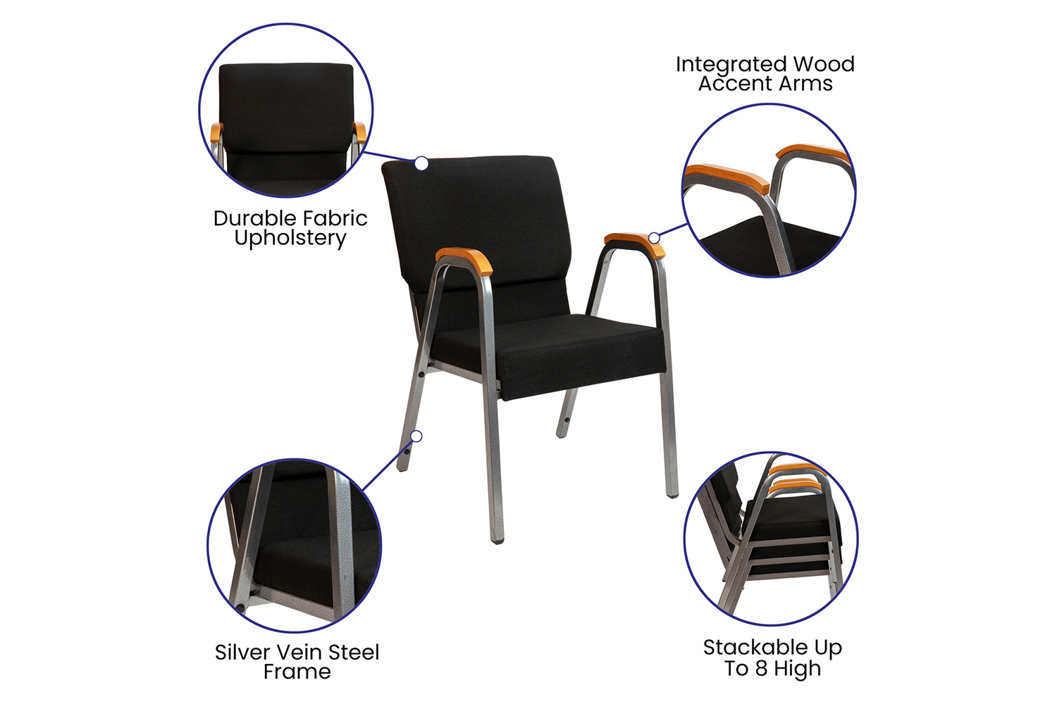 BLNK HERCULES Series Fabric Stacking Wood Accent Arm Church Chair with Silver Vein Frame - Black