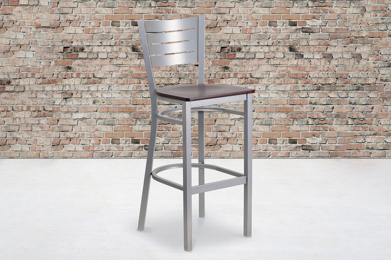 BLNK - HERCULES Series Silver Metal Slat Back Restaurant Bar Stool with Wood Seat