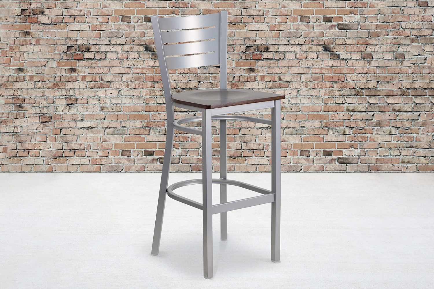 BLNK - HERCULES Series Silver Metal Slat Back Restaurant Bar Stool with Wood Seat