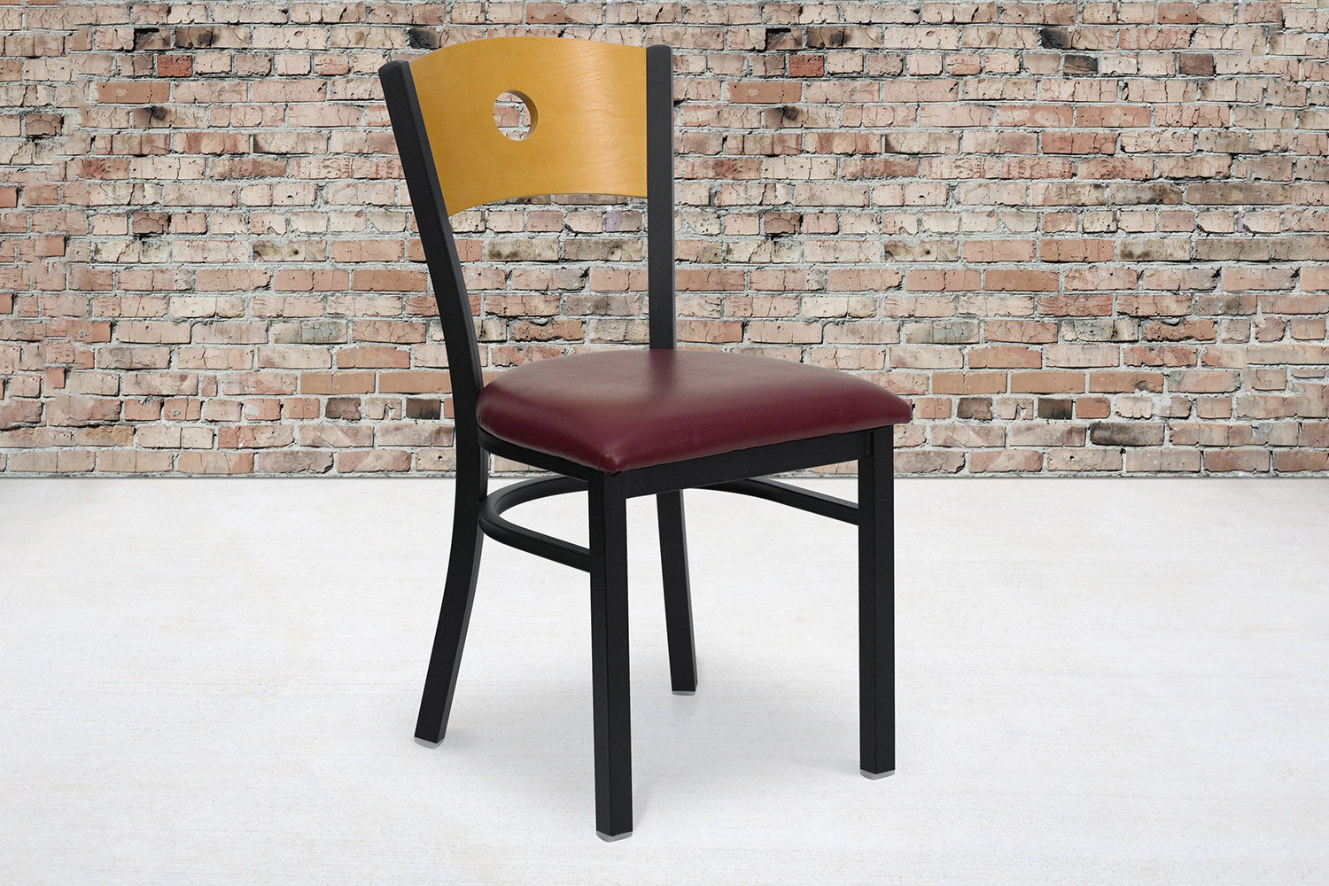 BLNK - HERCULES Series Black Metal Circle Back Restaurant Chair with Natural Wood Back and Vinyl Seat