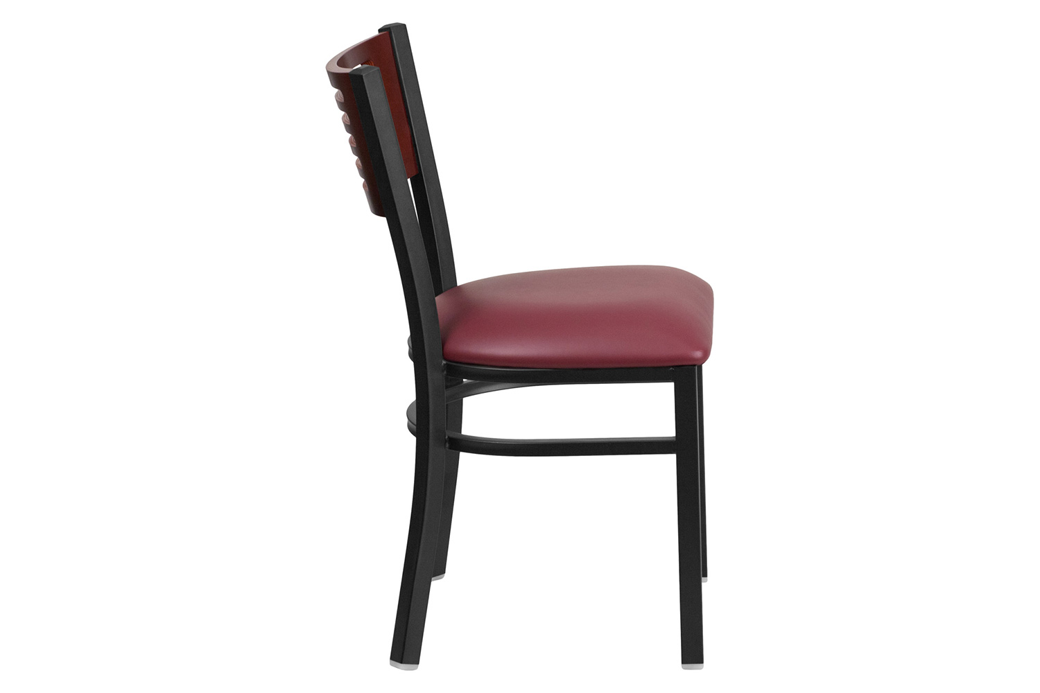 BLNK HERCULES Series Black Metal Slat Back Restaurant Chair with Mahogany Wood Back and Vinyl Seat - Burgundy