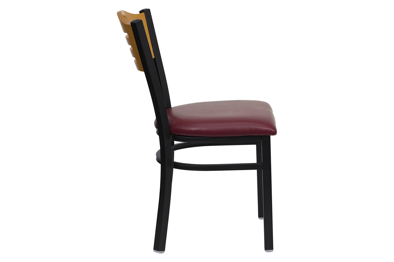 BLNK HERCULES Series Black Metal Slat Back Restaurant Chair with Natural Wood Back and Vinyl Seat - Burgundy