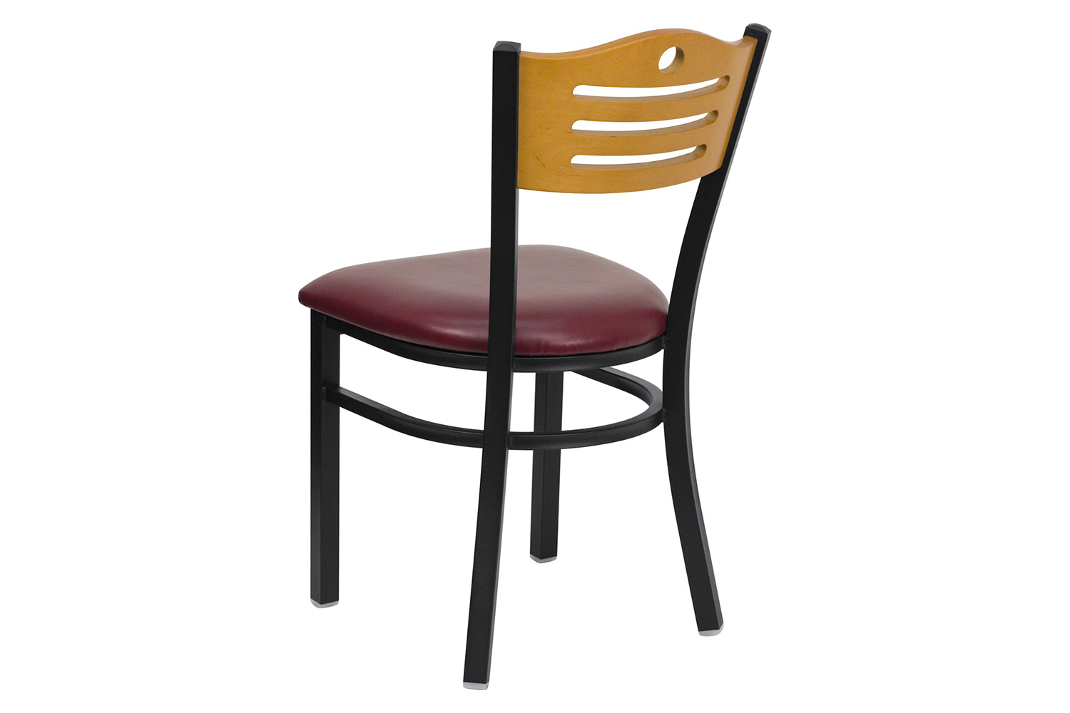 BLNK HERCULES Series Black Metal Slat Back Restaurant Chair with Natural Wood Back and Vinyl Seat - Burgundy