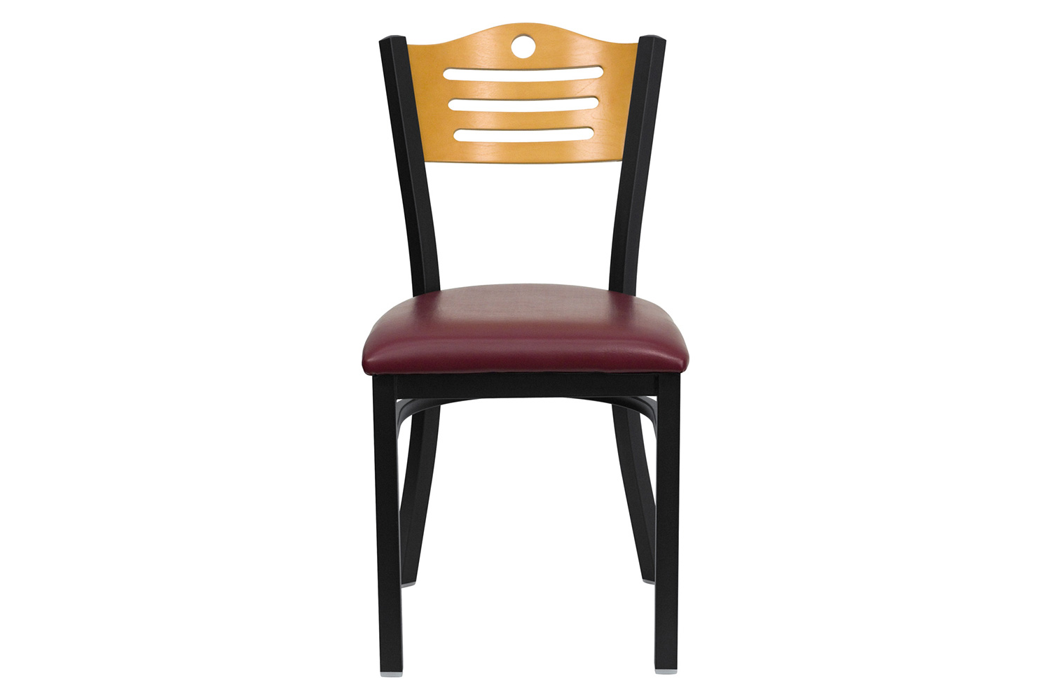 BLNK HERCULES Series Black Metal Slat Back Restaurant Chair with Natural Wood Back and Vinyl Seat - Burgundy