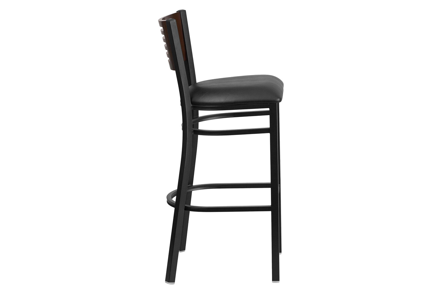 BLNK HERCULES Series Black Metal Slat Back Restaurant Bar Stool with Walnut Wood Back and Vinyl Seat - Black