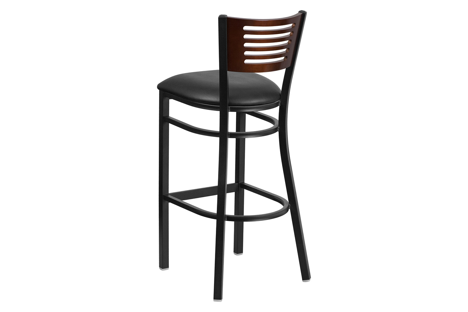 BLNK HERCULES Series Black Metal Slat Back Restaurant Bar Stool with Walnut Wood Back and Vinyl Seat - Black