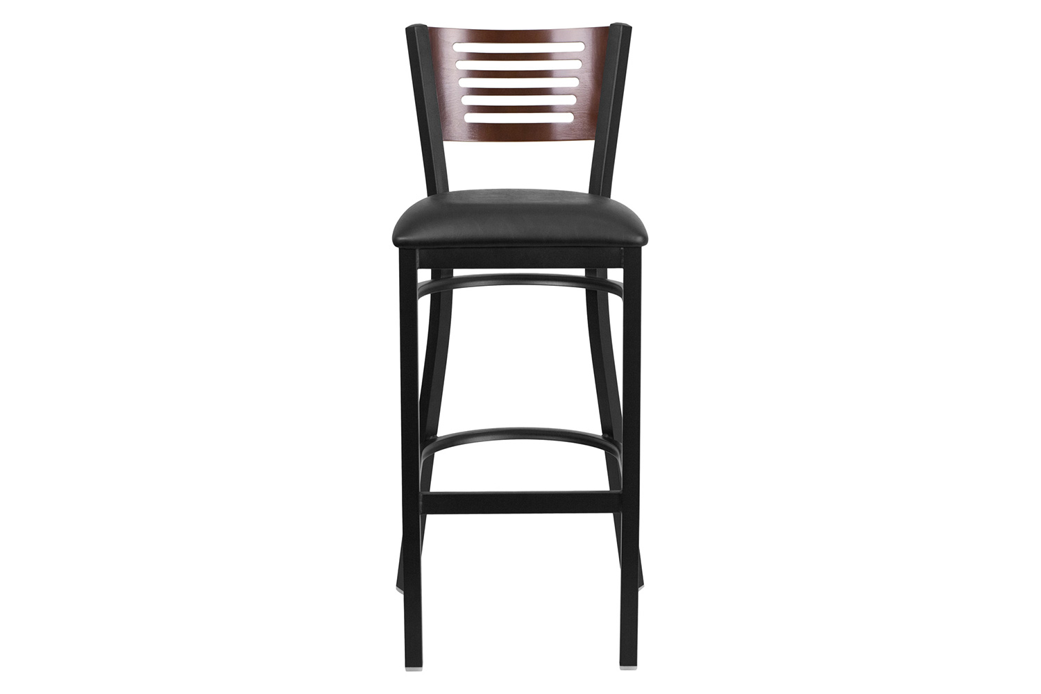 BLNK HERCULES Series Black Metal Slat Back Restaurant Bar Stool with Walnut Wood Back and Vinyl Seat - Black