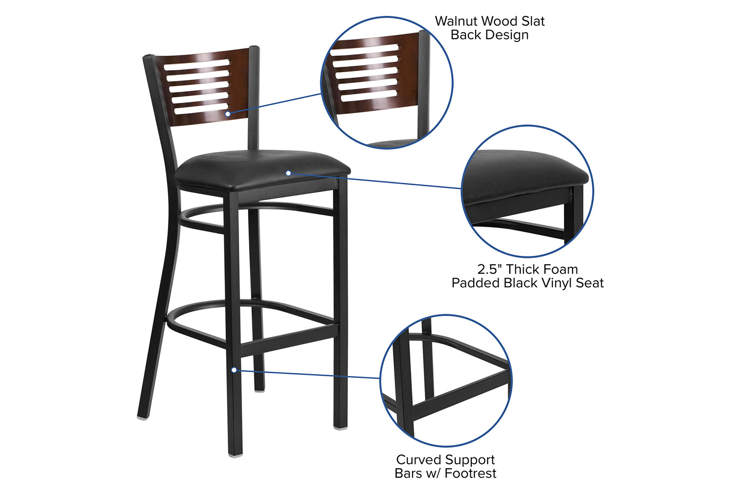 BLNK HERCULES Series Black Metal Slat Back Restaurant Bar Stool with Walnut Wood Back and Vinyl Seat - Black
