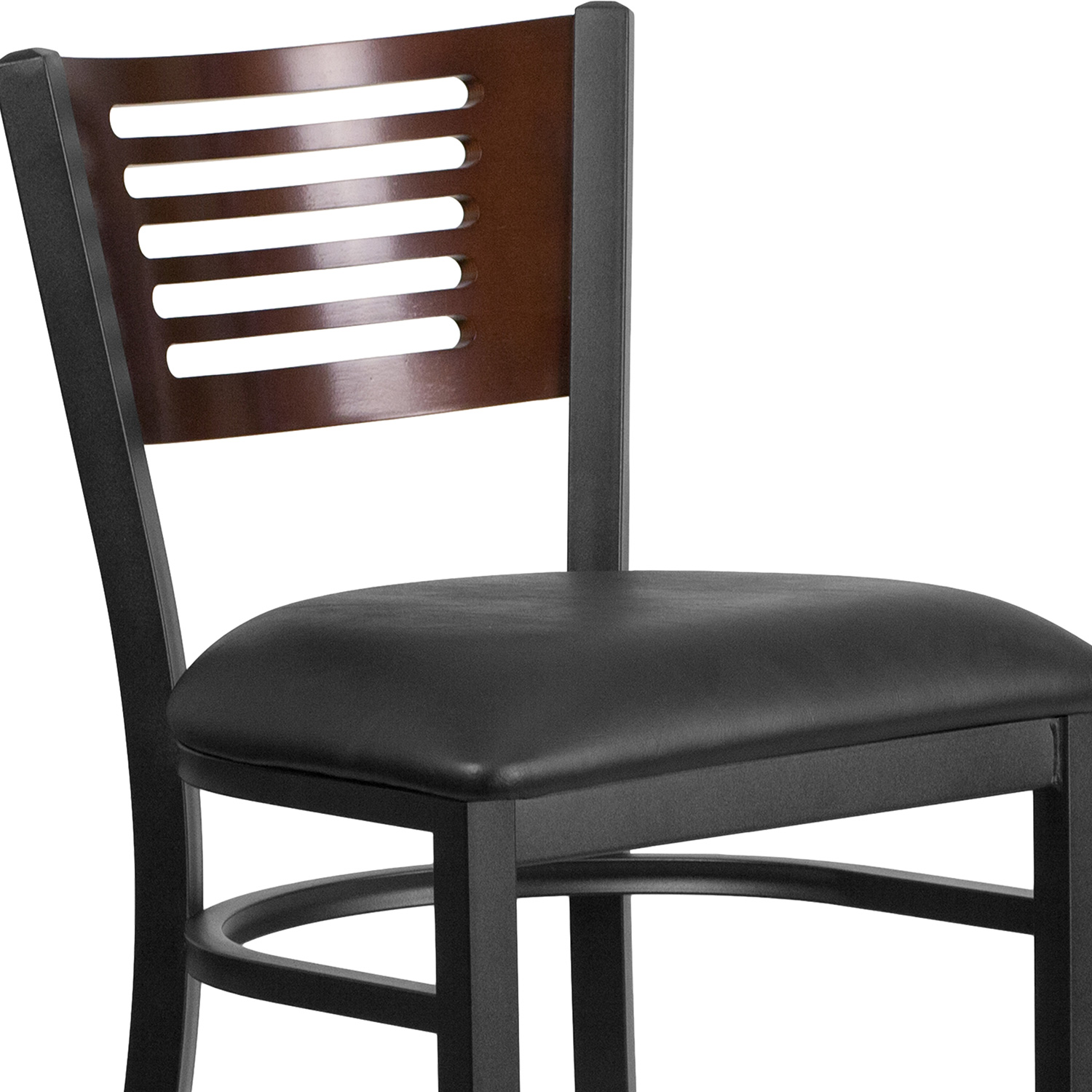BLNK HERCULES Series Black Metal Slat Back Restaurant Bar Stool with Walnut Wood Back and Vinyl Seat - Black