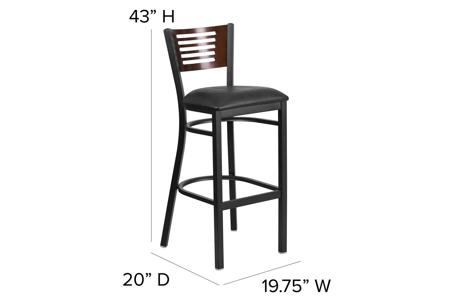 BLNK HERCULES Series Black Metal Slat Back Restaurant Bar Stool with Walnut Wood Back and Vinyl Seat - Black
