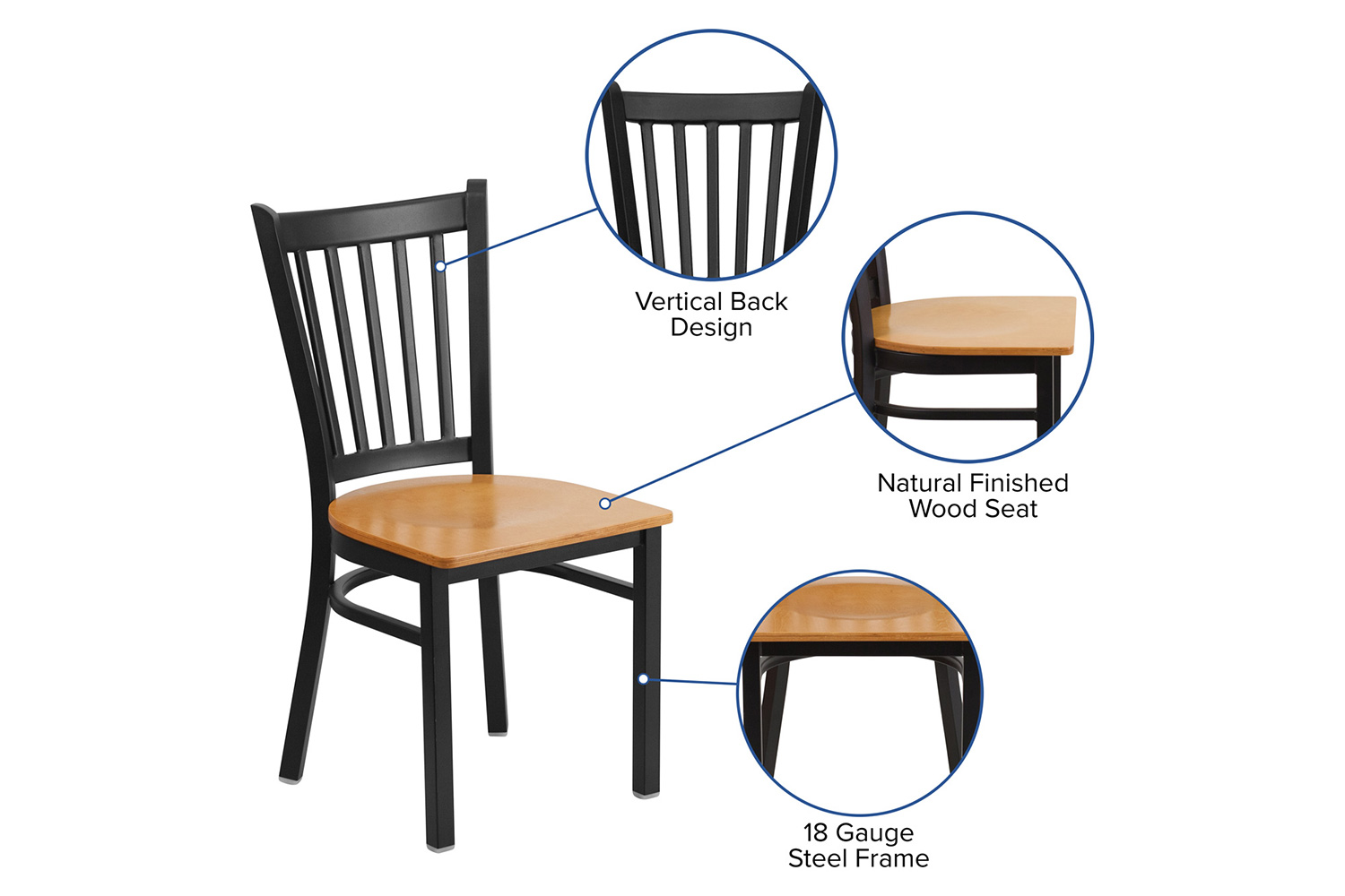 BLNK HERCULES Series Black Metal Vertical Back Restaurant Chair with Wood Seat - Natural