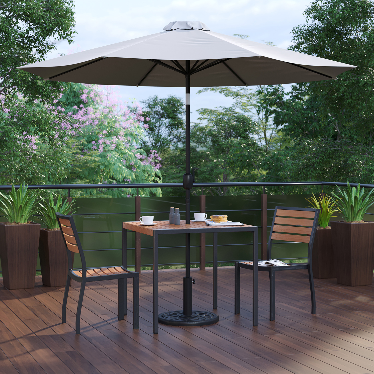 BLNK - All-Weather Deck or Patio Set with 2 Stacking Faux Teak Chairs, 35" Square Faux Teak Table, Umbrella and Base