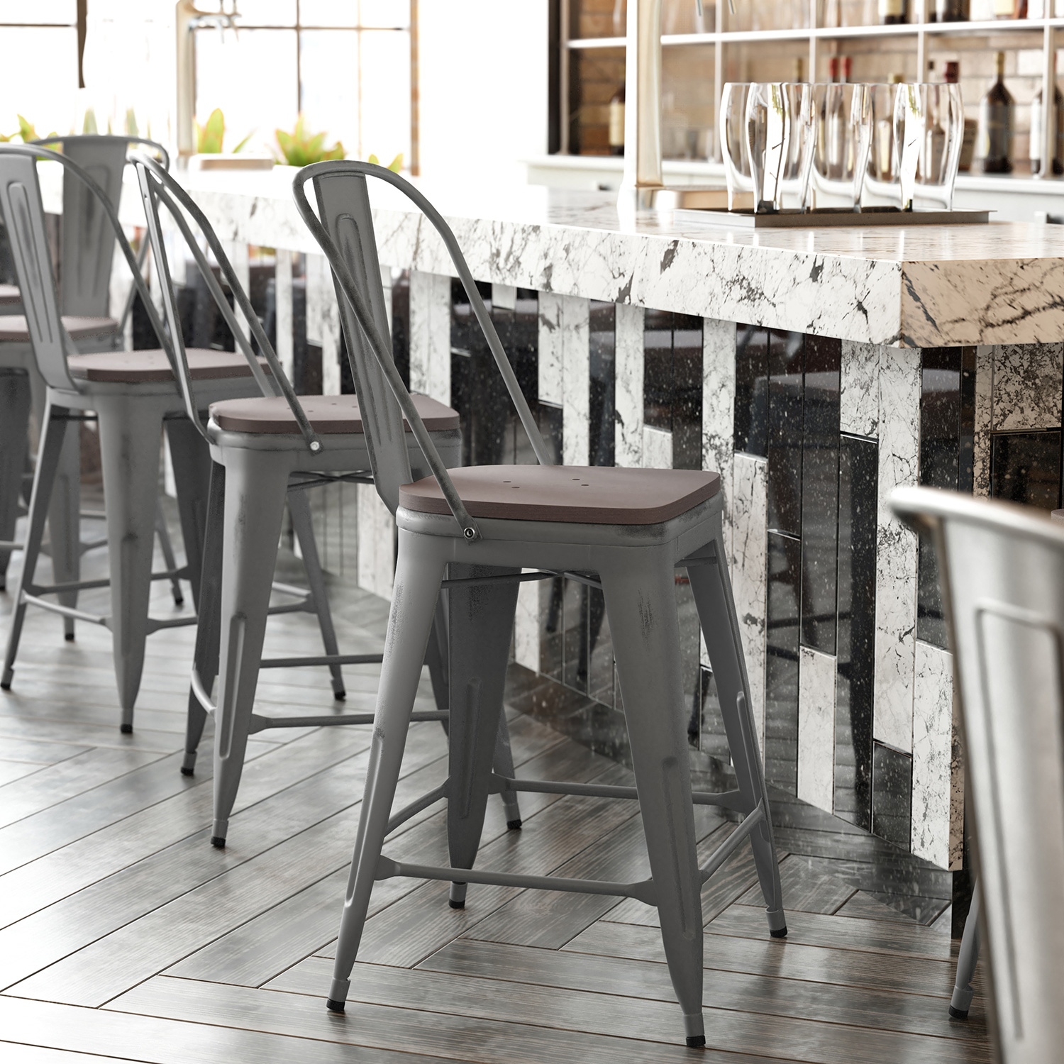 BLNK - Lincoln Clear Coated Indoor Counter Height Stool with Back and Poly Resin Wood Seat