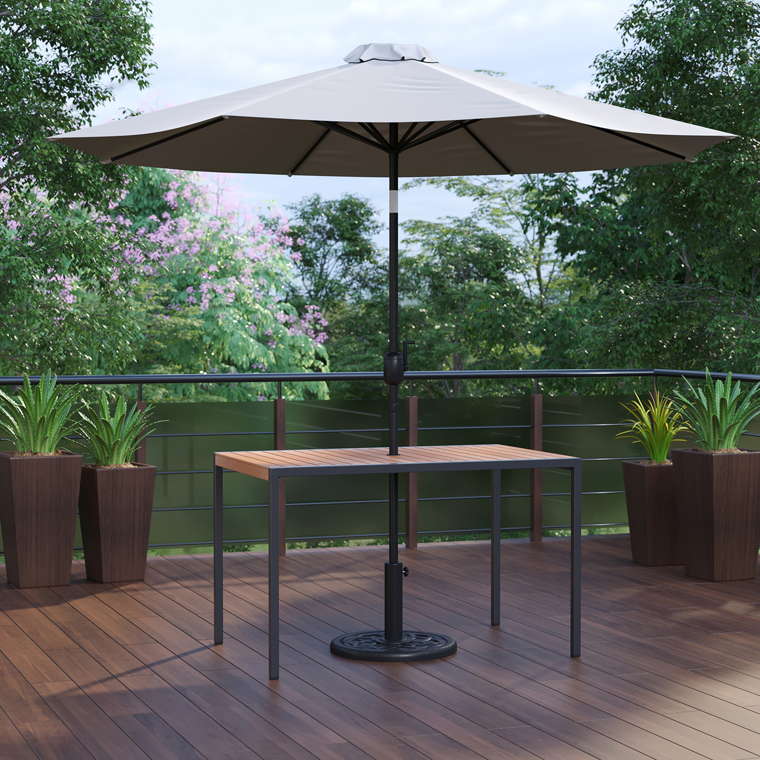 BLNK - Lark Outdoor Patio Table Set with 30" x 48" Synthetic Teak Patio Table, Umbrella and Base