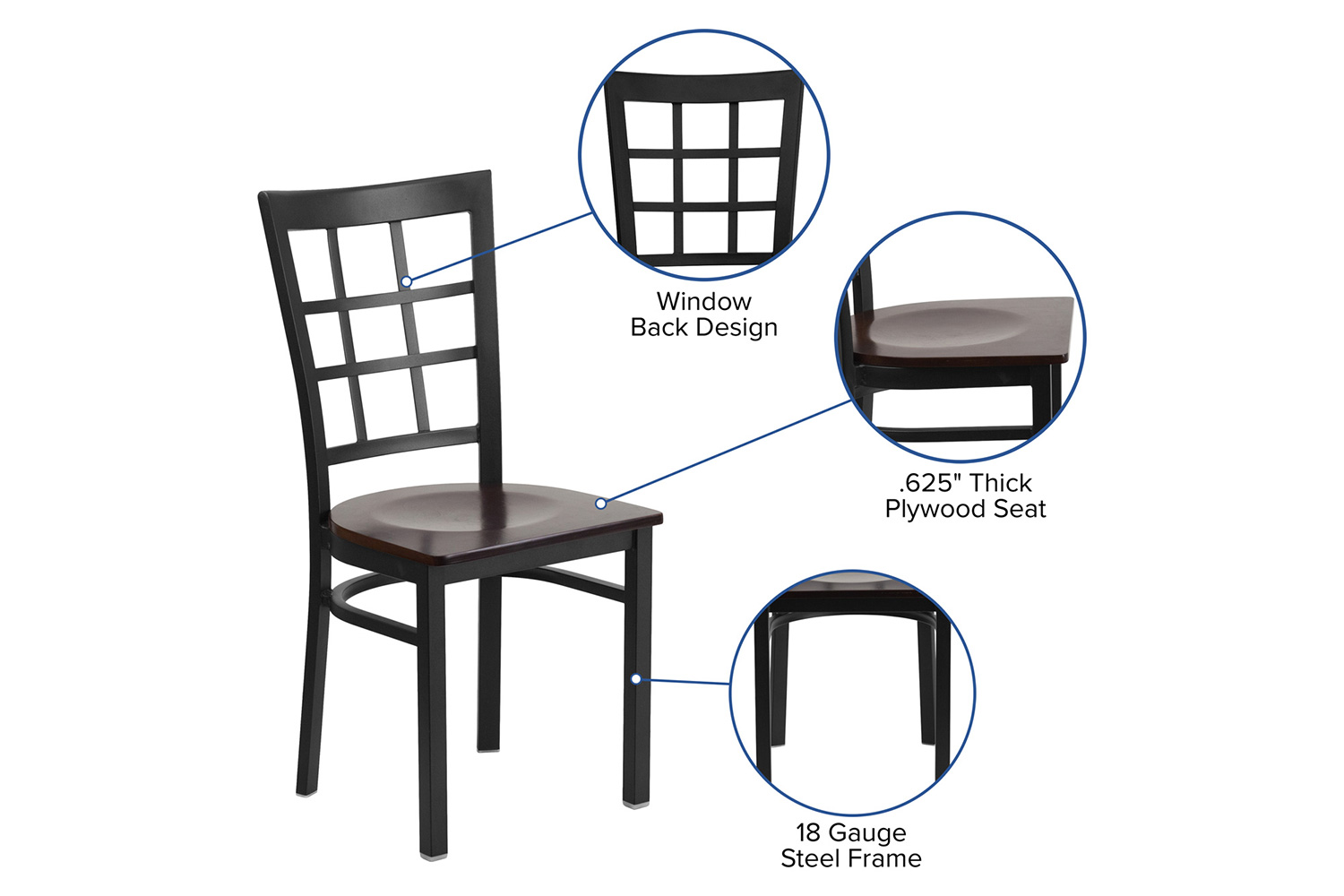BLNK HERCULES Series Black Metal Window Back Restaurant Chair with Wood Seat - Walnut