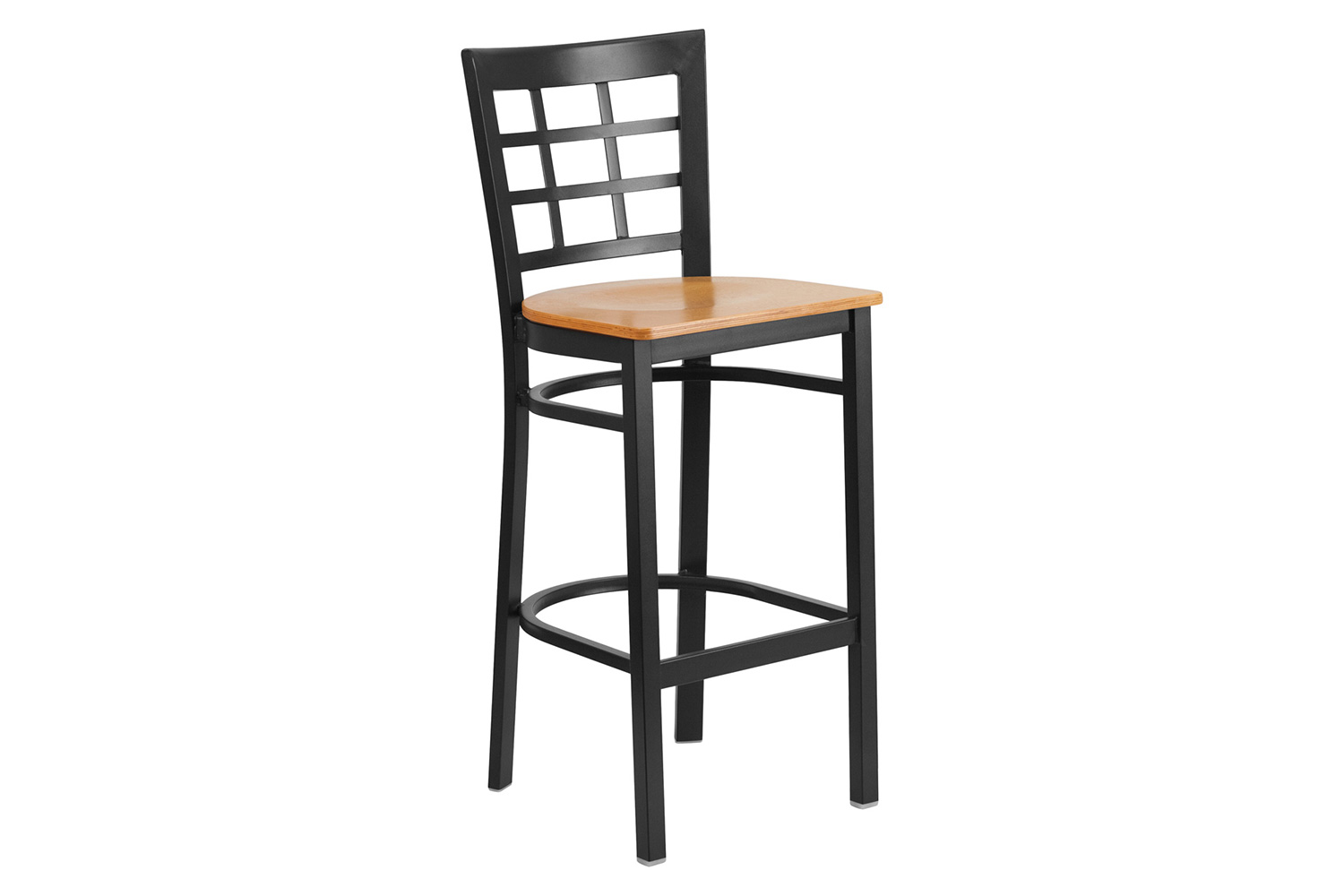 BLNK HERCULES Series Black Metal Window Back Restaurant Bar Stool with Wood Seat - Natural