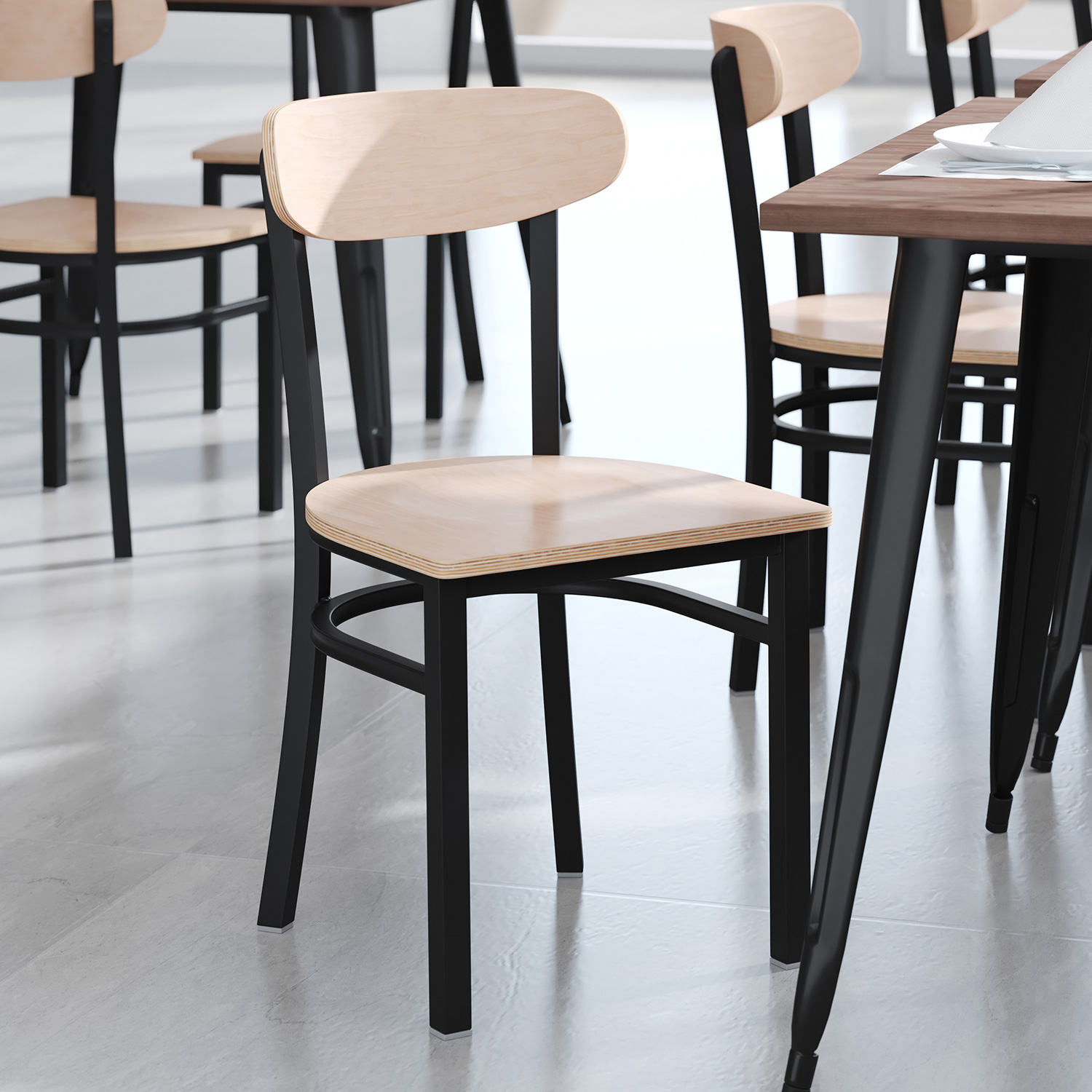 BLNK - Wright Commercial Dining Chair with Black Steel Frame, Solid Wood Seat, and Boomerang Back