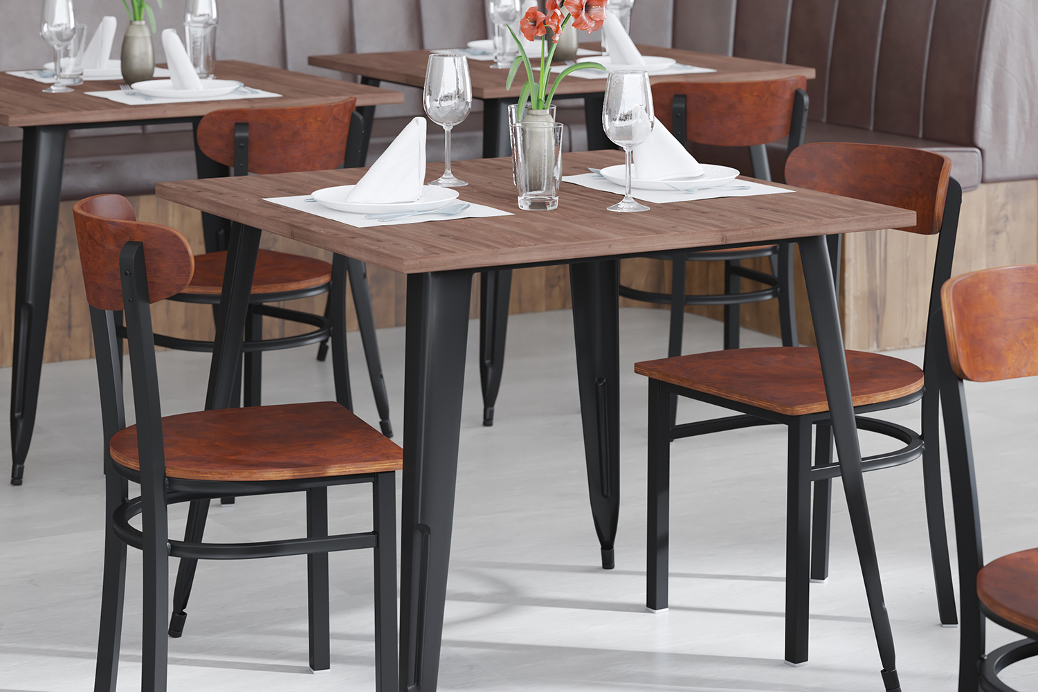 BLNK - Wright Commercial Dining Chair with Black Steel Frame, Solid Wood Seat, and Boomerang Back