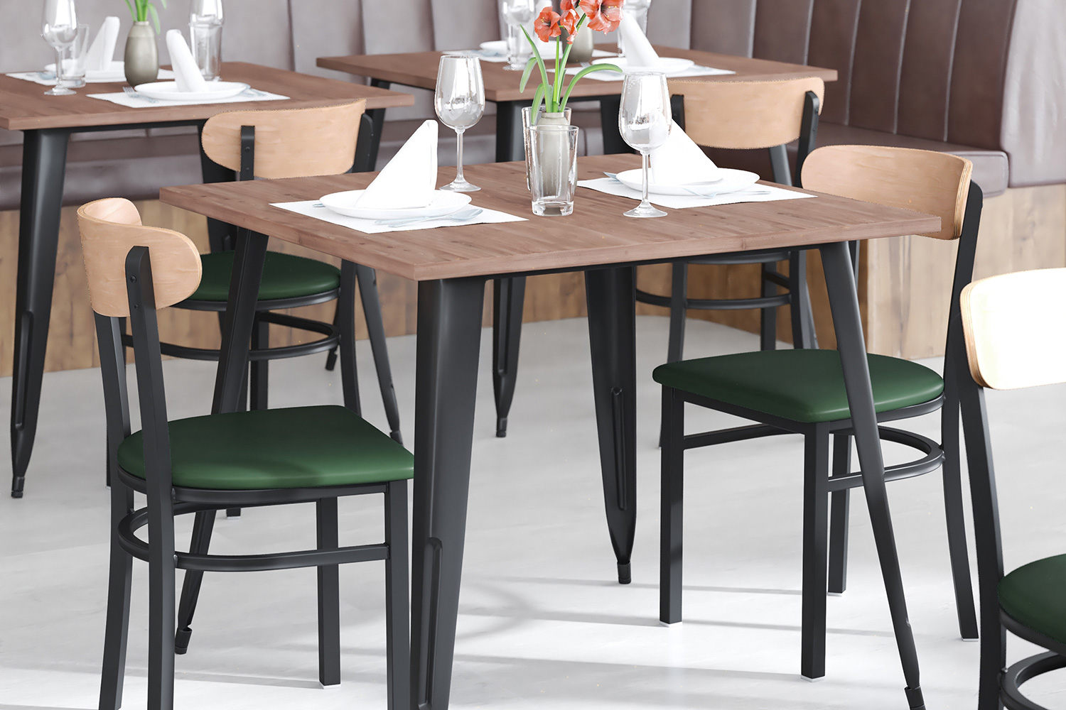 BLNK Wright Commercial Vinyl Dining Chair with Natural Birch Finish Wooden Boomerang Back - Green