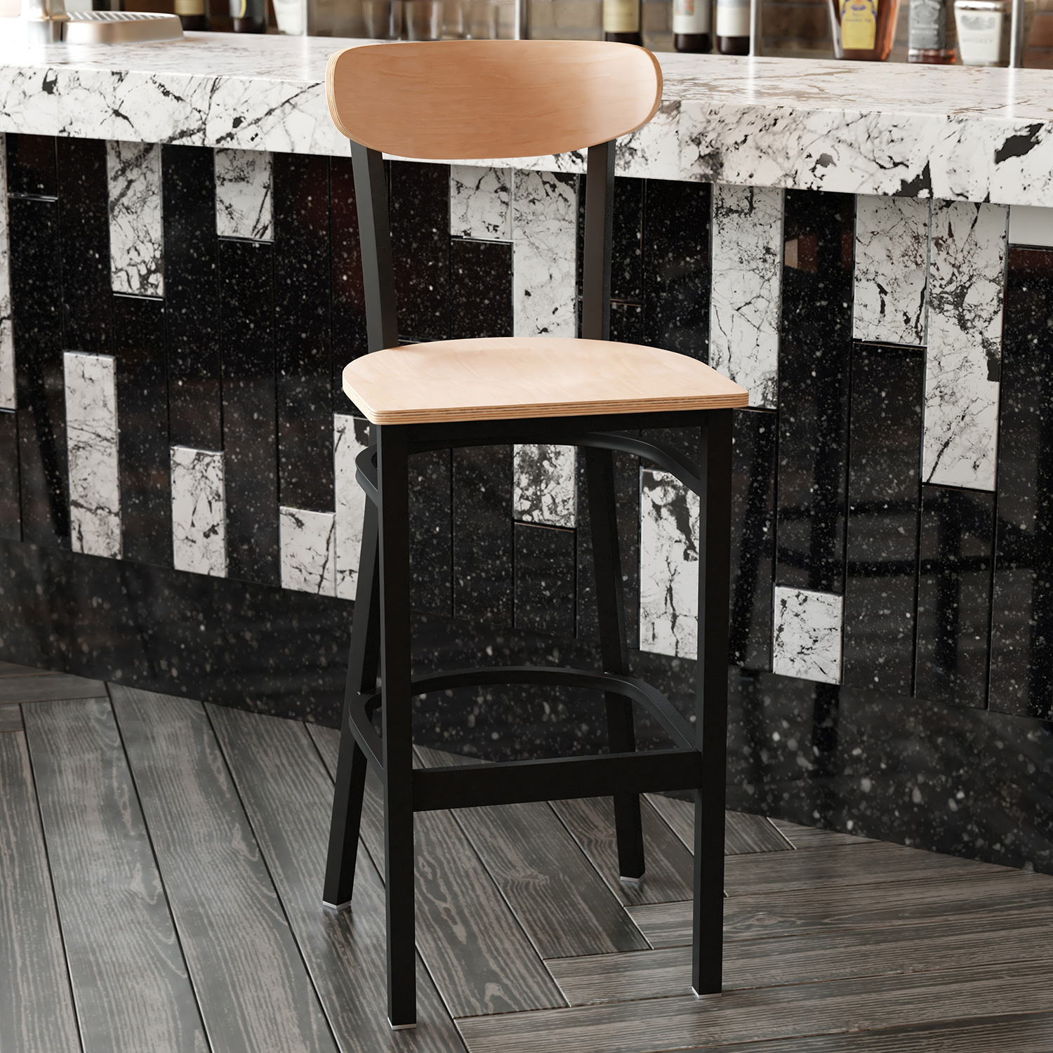 BLNK - Wright Commercial Bar Stool Black Steel Frame with Wooden Boomerang Back and Solid Wood Seat