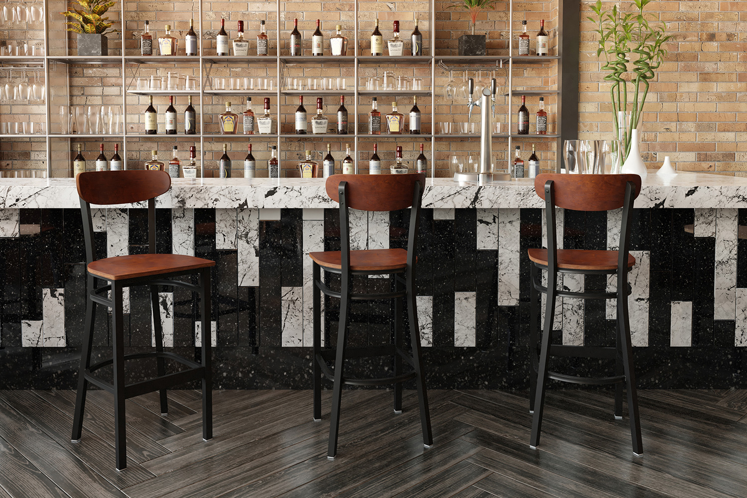BLNK - Wright Commercial Bar Stool Black Steel Frame with Wooden Boomerang Back and Solid Wood Seat