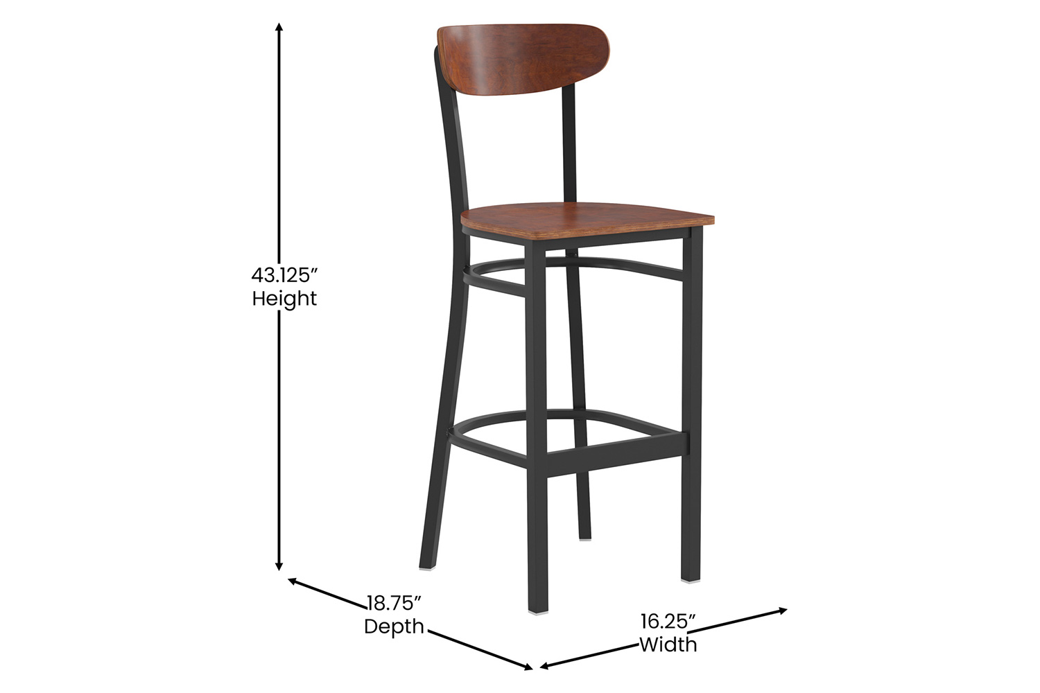 BLNK Wright Commercial Bar Stool Black Steel Frame with Wooden Boomerang Back and Solid Wood Seat - Walnut