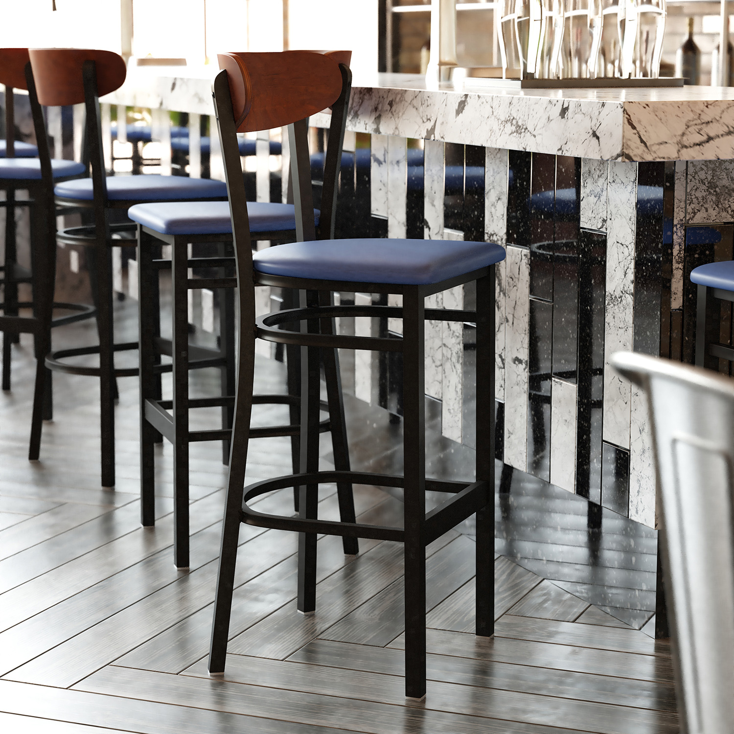 BLNK - Wright Commercial Bar Stool Black Steel Frame with Walnut Finish Wooden Boomerang Back and Vinyl Seat