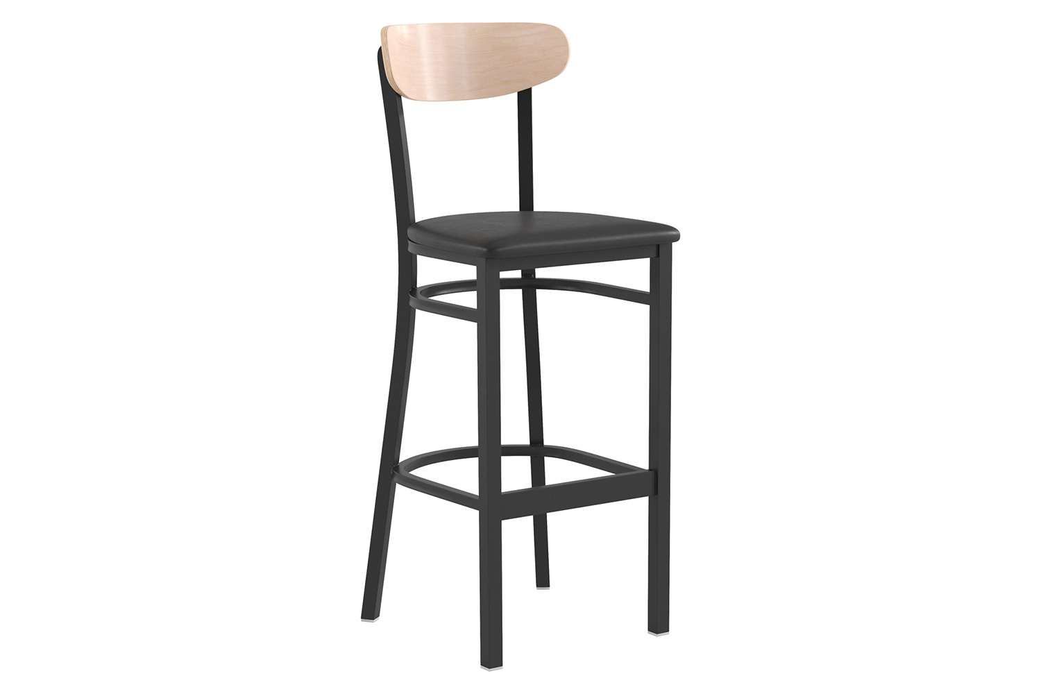 BLNK Wright Commercial Bar Stool Black Steel Frame with Natural Birch Finish Wooden Boomerang Back and Vinyl Seat - Black