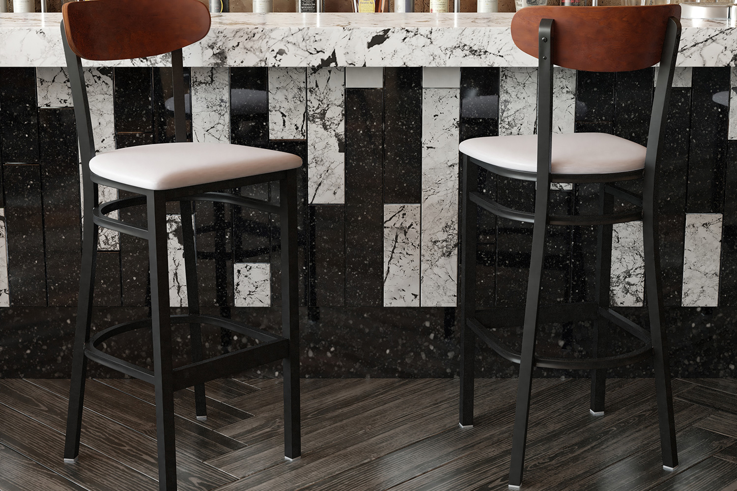 BLNK Wright Commercial Bar Stool Black Steel Frame with Walnut Finish Wooden Boomerang Back and Vinyl Seat - Gray
