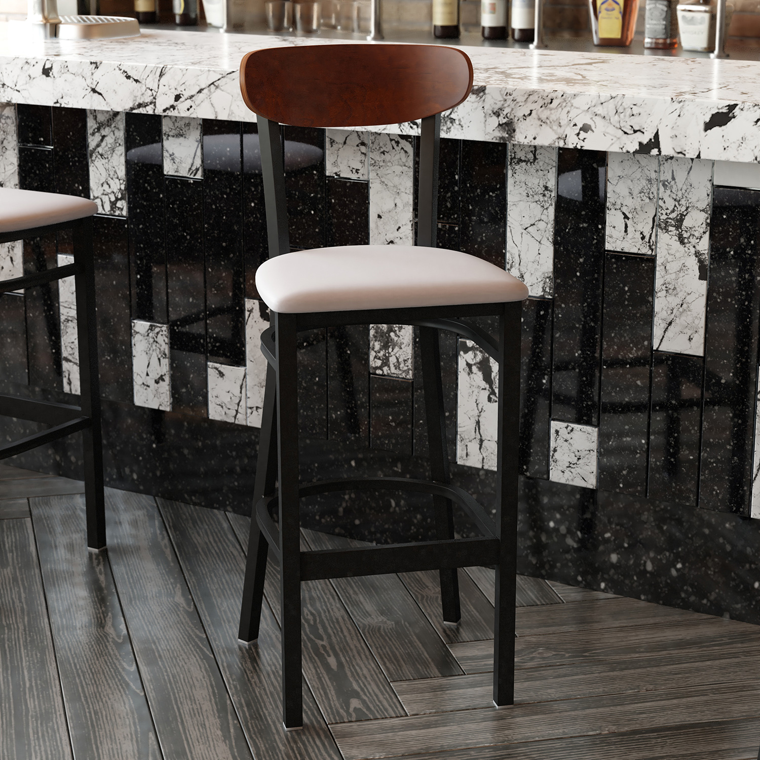 BLNK Wright Commercial Bar Stool Black Steel Frame with Walnut Finish Wooden Boomerang Back and Vinyl Seat - Gray