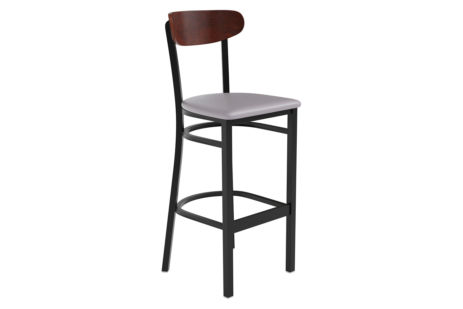 BLNK Wright Commercial Bar Stool Black Steel Frame with Walnut Finish Wooden Boomerang Back and Vinyl Seat - Gray