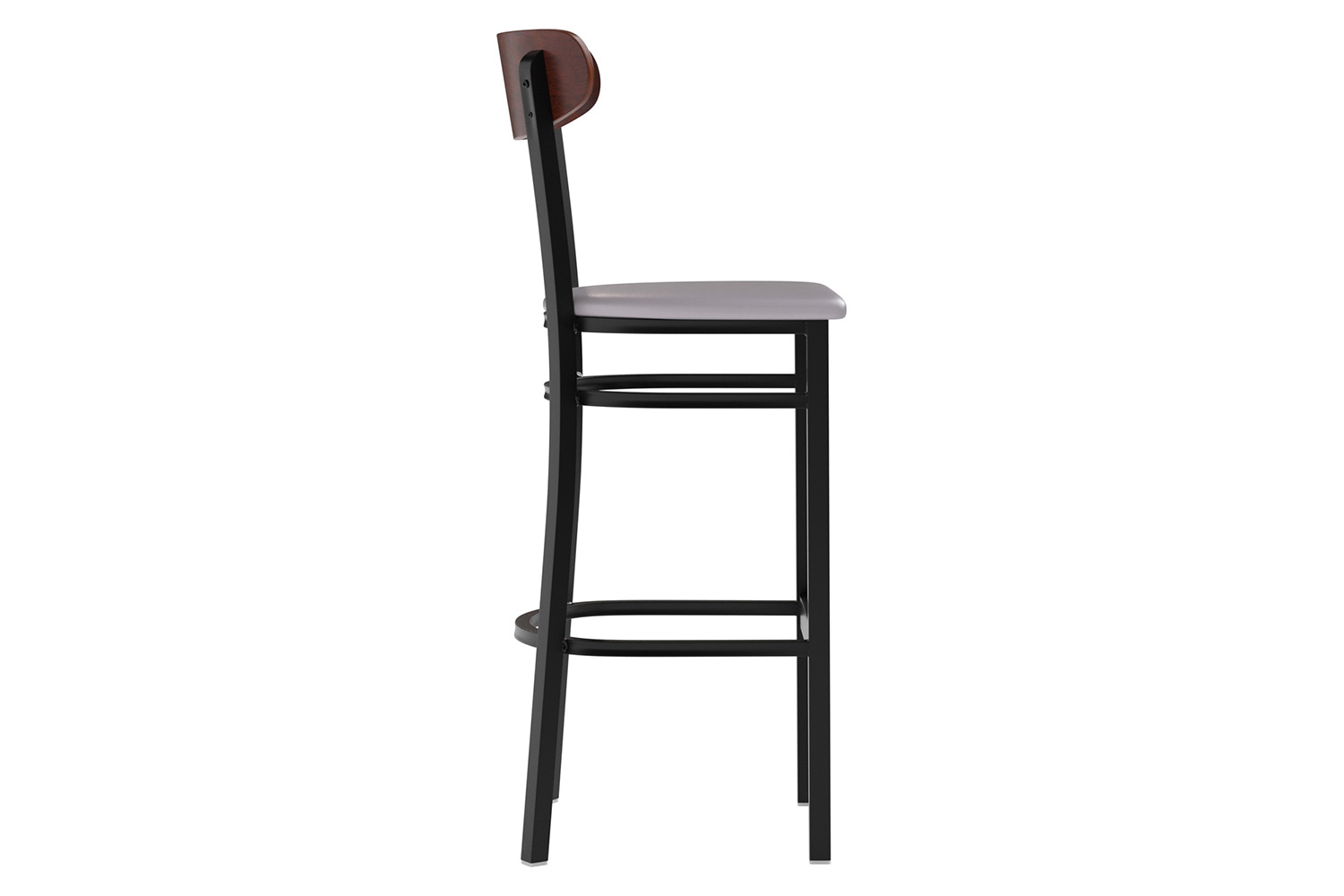BLNK Wright Commercial Bar Stool Black Steel Frame with Walnut Finish Wooden Boomerang Back and Vinyl Seat - Gray