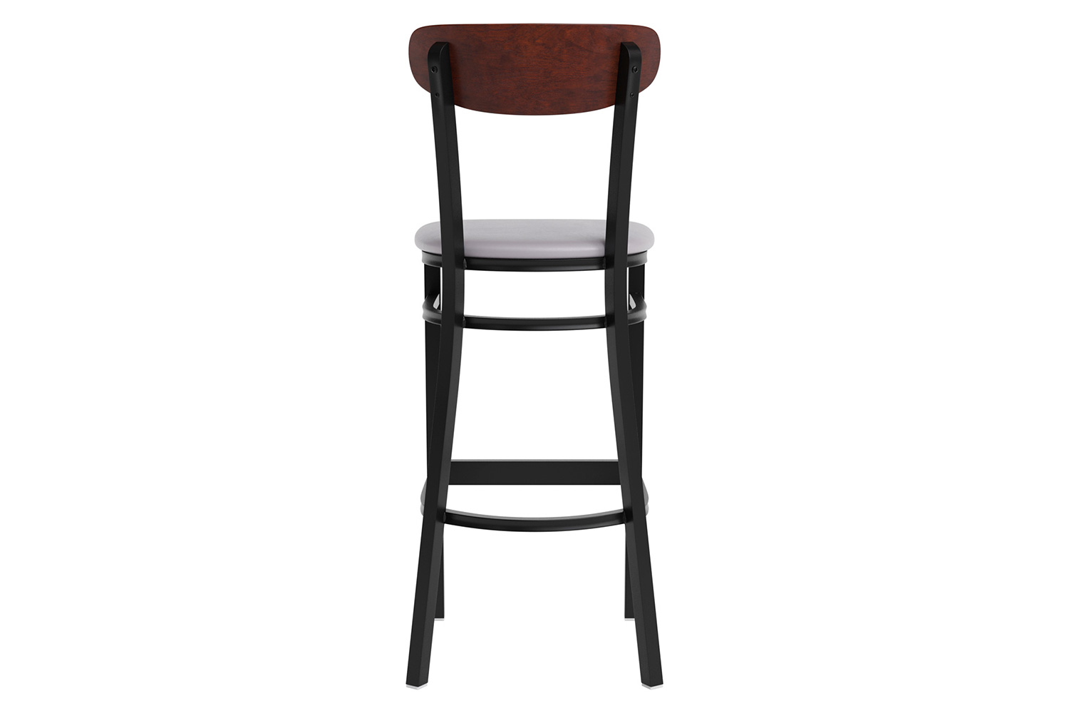BLNK Wright Commercial Bar Stool Black Steel Frame with Walnut Finish Wooden Boomerang Back and Vinyl Seat - Gray