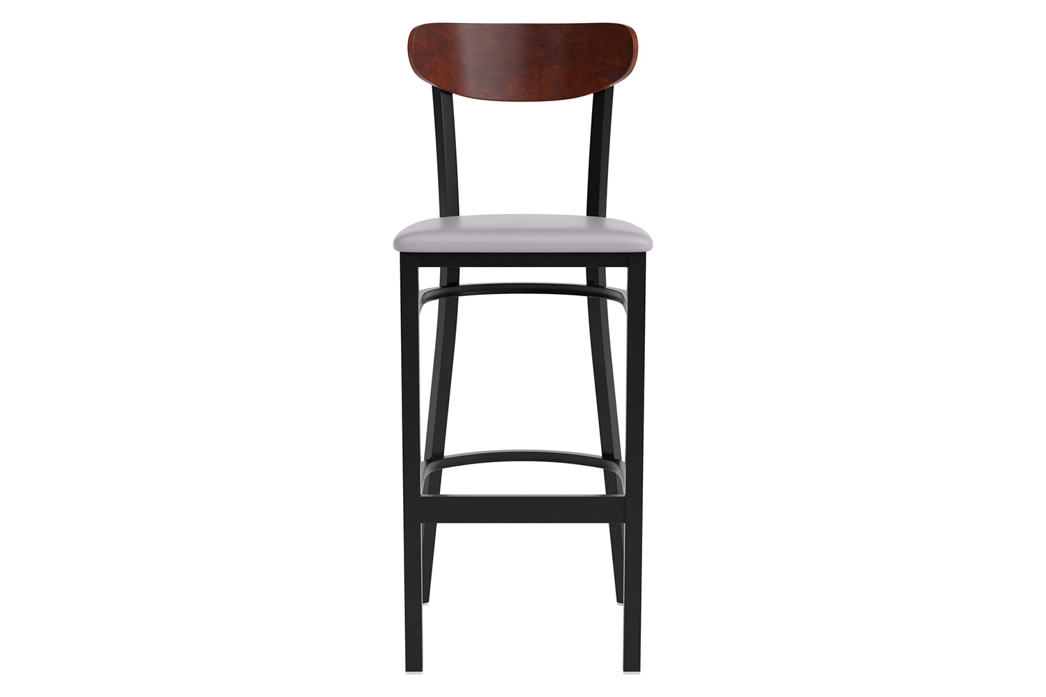 BLNK Wright Commercial Bar Stool Black Steel Frame with Walnut Finish Wooden Boomerang Back and Vinyl Seat - Gray