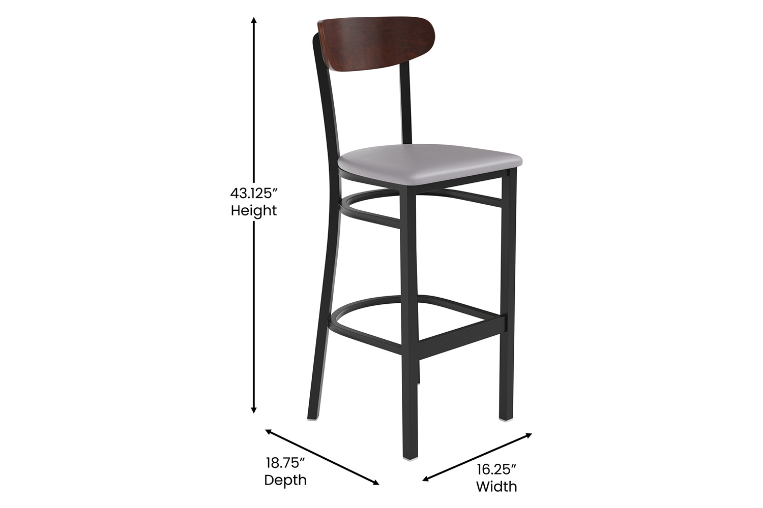 BLNK Wright Commercial Bar Stool Black Steel Frame with Walnut Finish Wooden Boomerang Back and Vinyl Seat - Gray