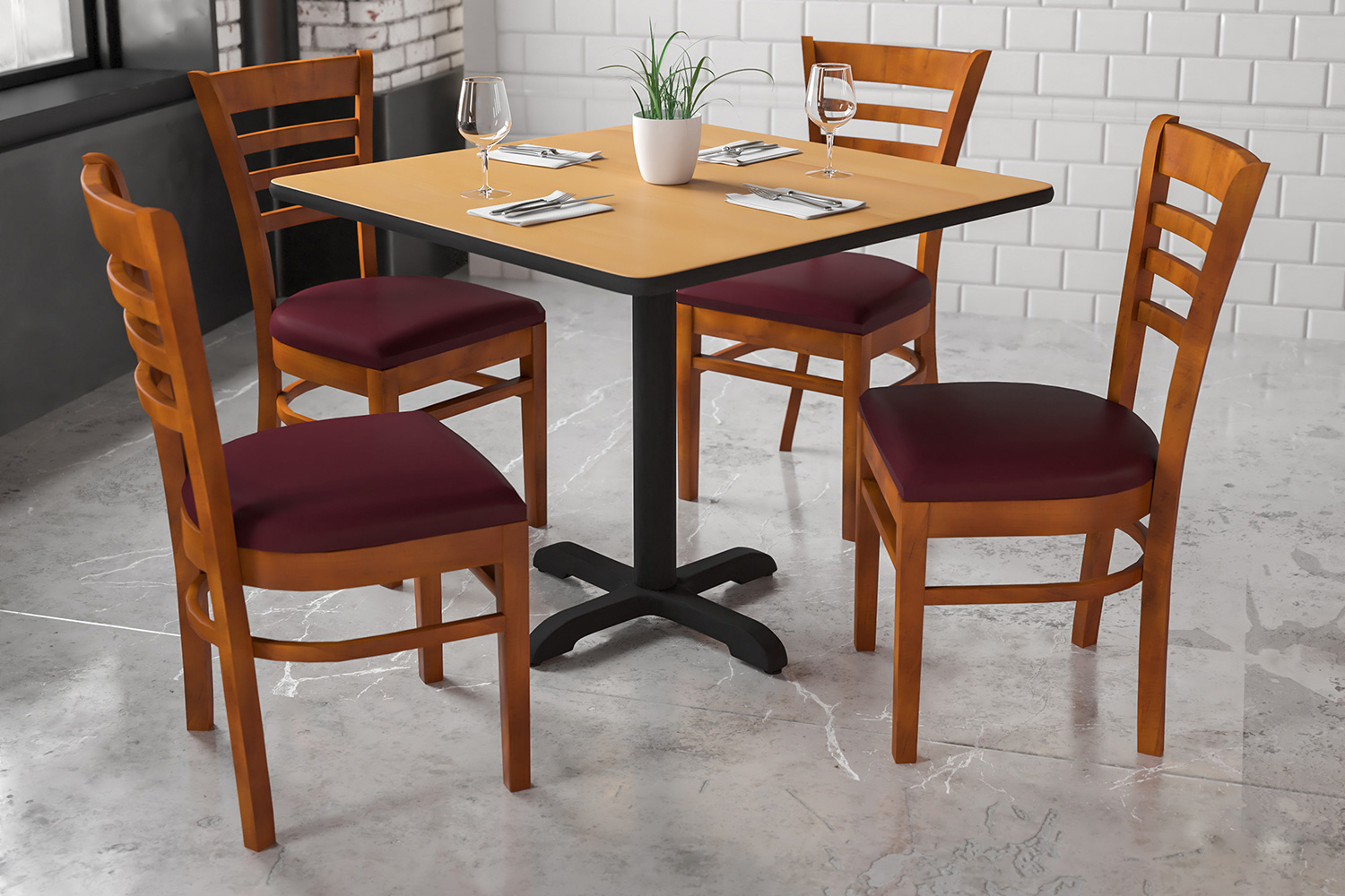 BLNK - HERCULES Series Cherry Wood Ladder Back Restaurant Chair with Vinyl Seat