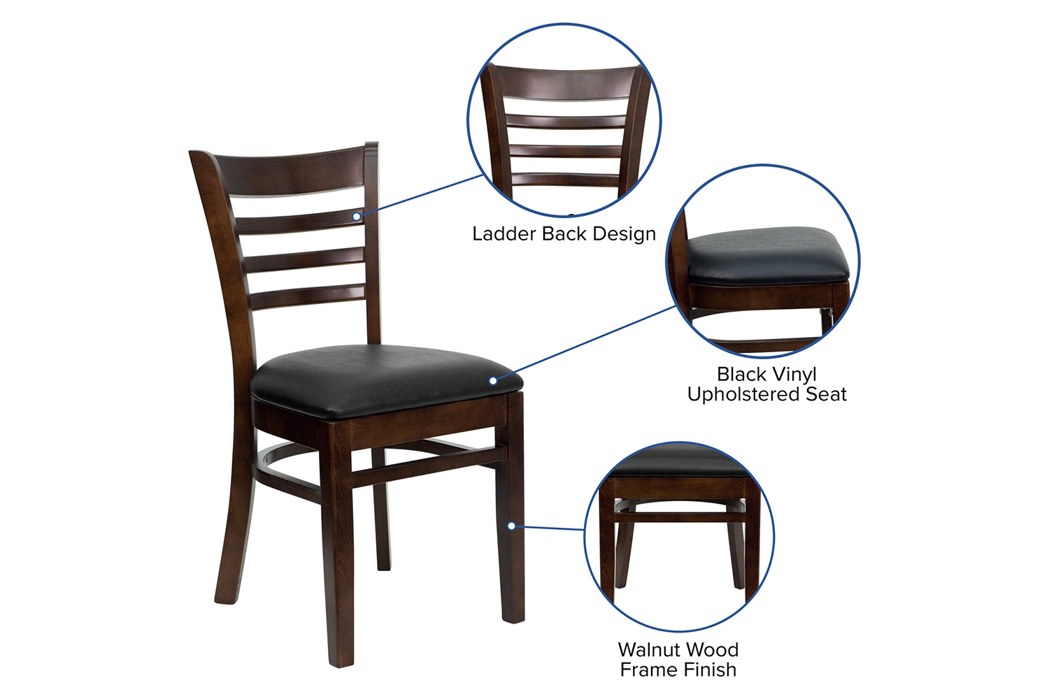 BLNK HERCULES Series Walnut Wood Ladder Back Restaurant Chair with Vinyl Seat - Black
