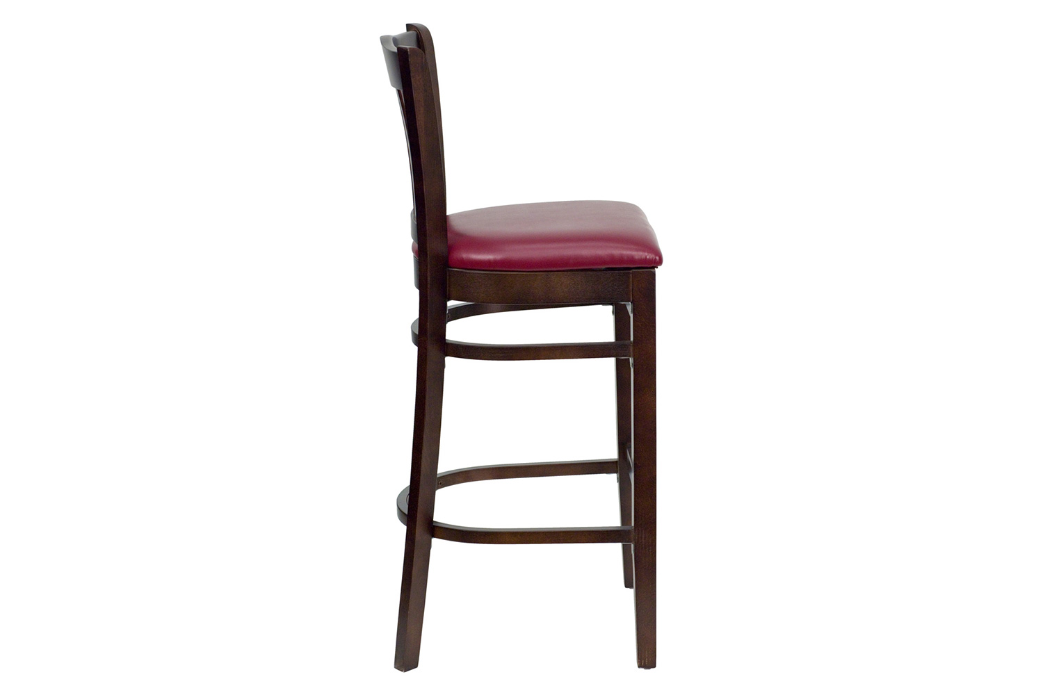 BLNK HERCULES Series Walnut Wood Vertical Slat Back Restaurant Bar Stool with Vinyl Seat - Burgundy