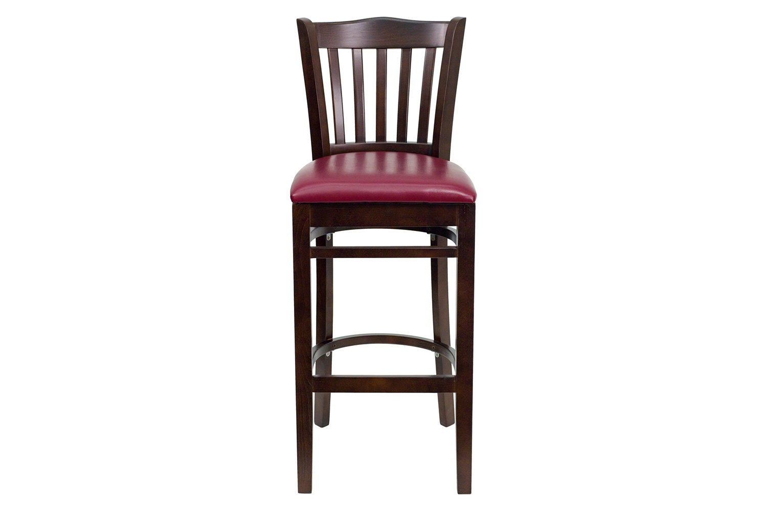 BLNK HERCULES Series Walnut Wood Vertical Slat Back Restaurant Bar Stool with Vinyl Seat - Burgundy