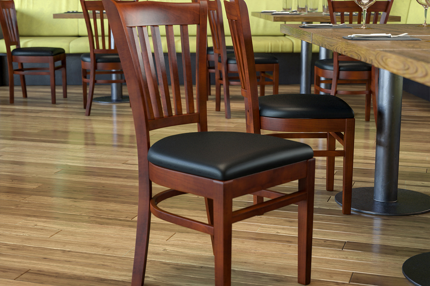 BLNK - HERCULES Series Mahogany Wood Vertical Slat Back Restaurant Chair with Vinyl Seat