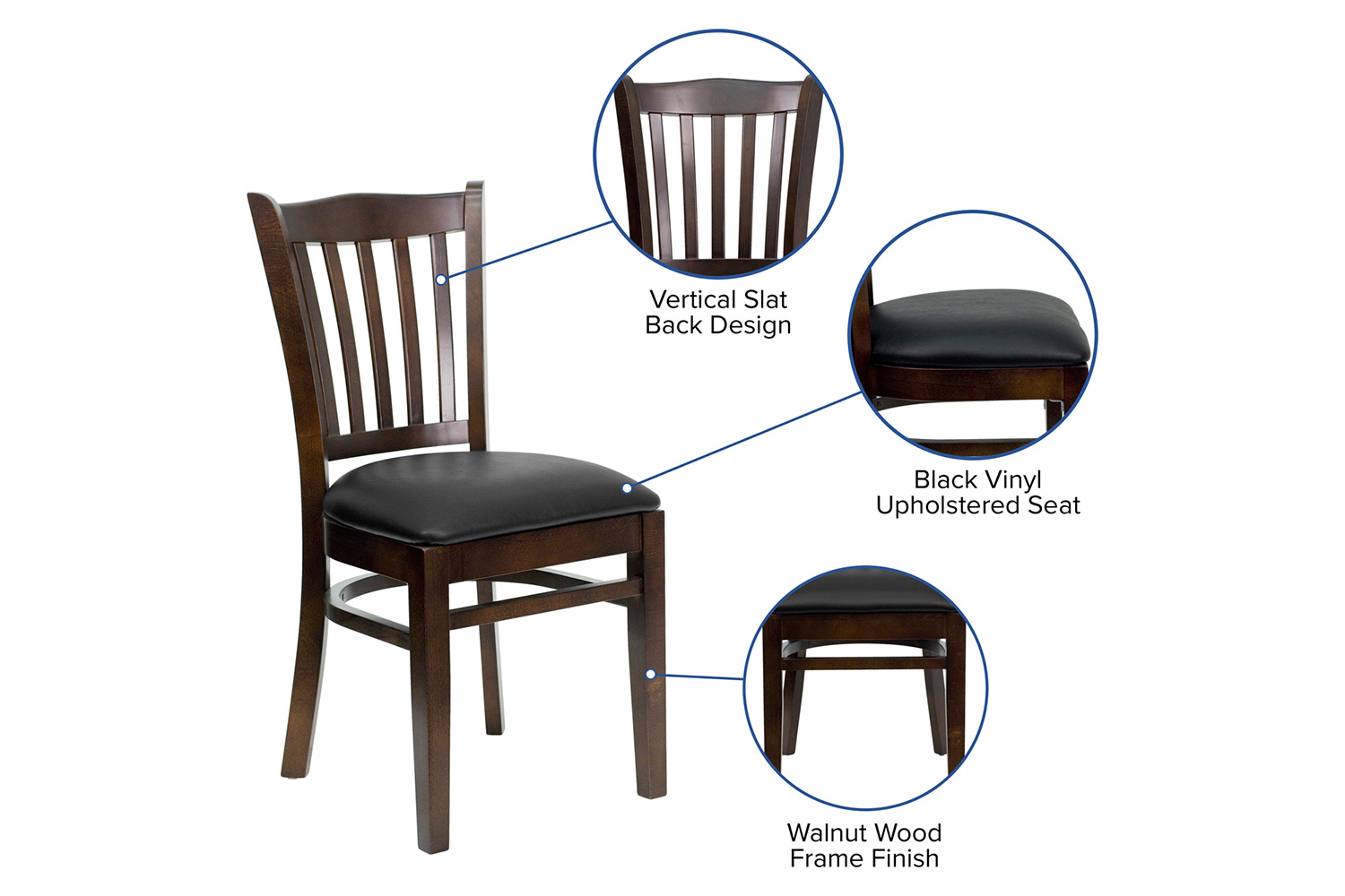 BLNK HERCULES Series Walnut Wood Vertical Slat Back Restaurant Chair with Vinyl Seat - Black