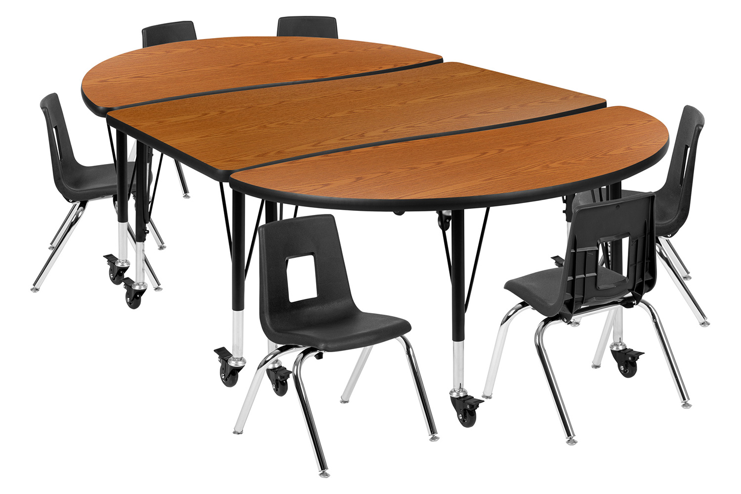 BLNK Emmy Mobile Oval Thermal Laminate Wave Flexible Activity Table Set - Oak, 76"L, with 12" Student Stack Chairs