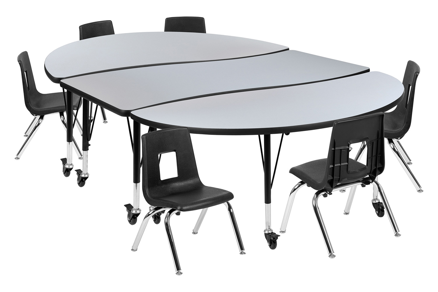 BLNK Emmy Mobile Oval Thermal Laminate Wave Flexible Activity Table Set - Gray, 86"L, with 12" Student Stack Chairs