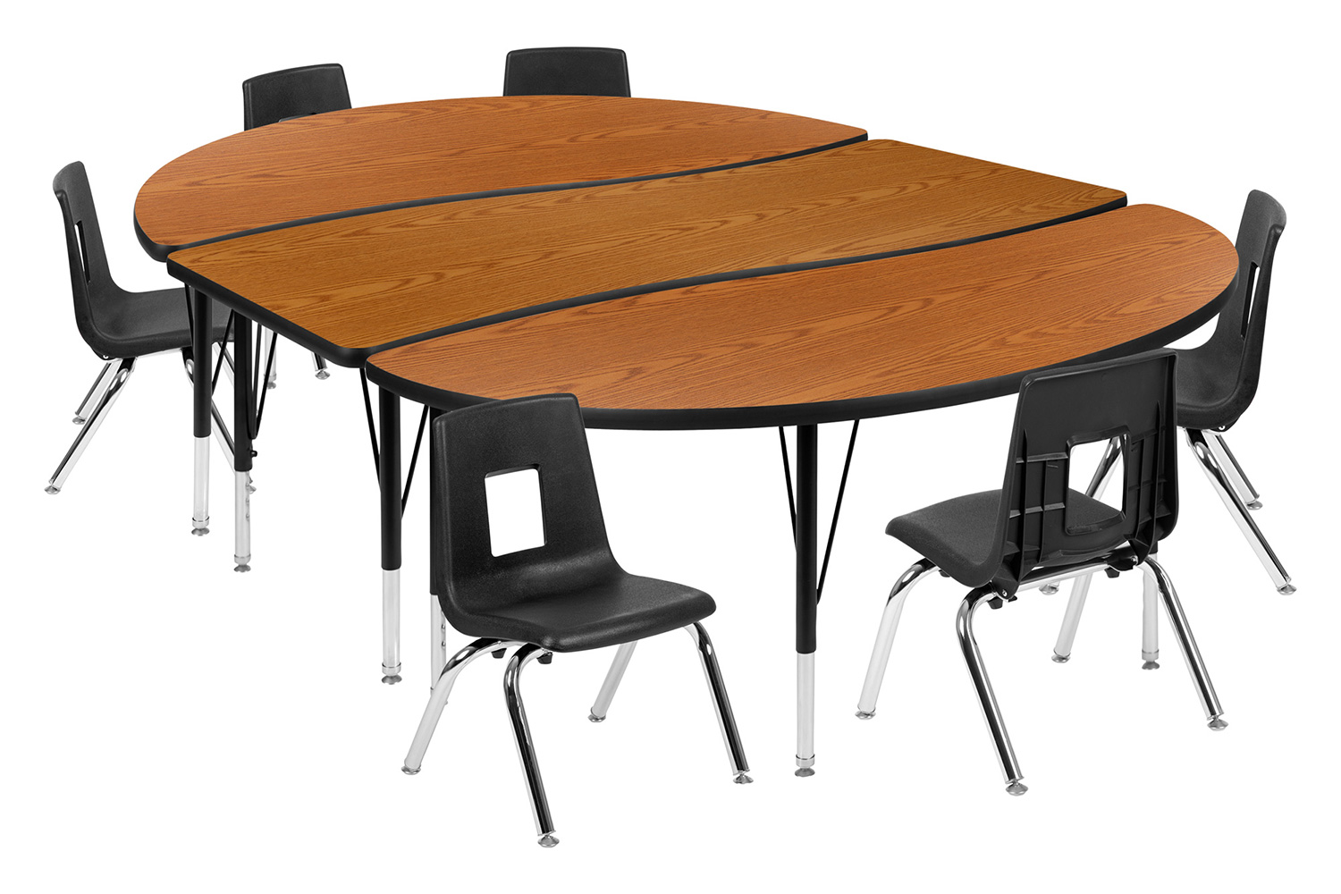 BLNK Emmy Oval Thermal Laminate Wave Flexible Activity Table Set with Chairs - Oak, 86"L, with 12" Student Stack Chairs