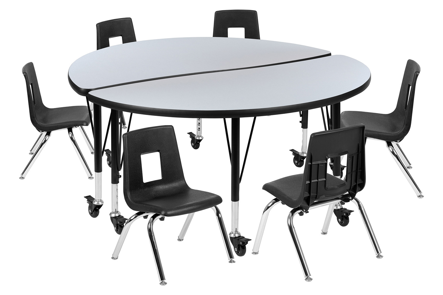 BLNK Emmy Mobile Circle Thermal Laminate Wave Flexible Activity Table Set - Gray, 47.5"D, with 12" Student Stack Chairs